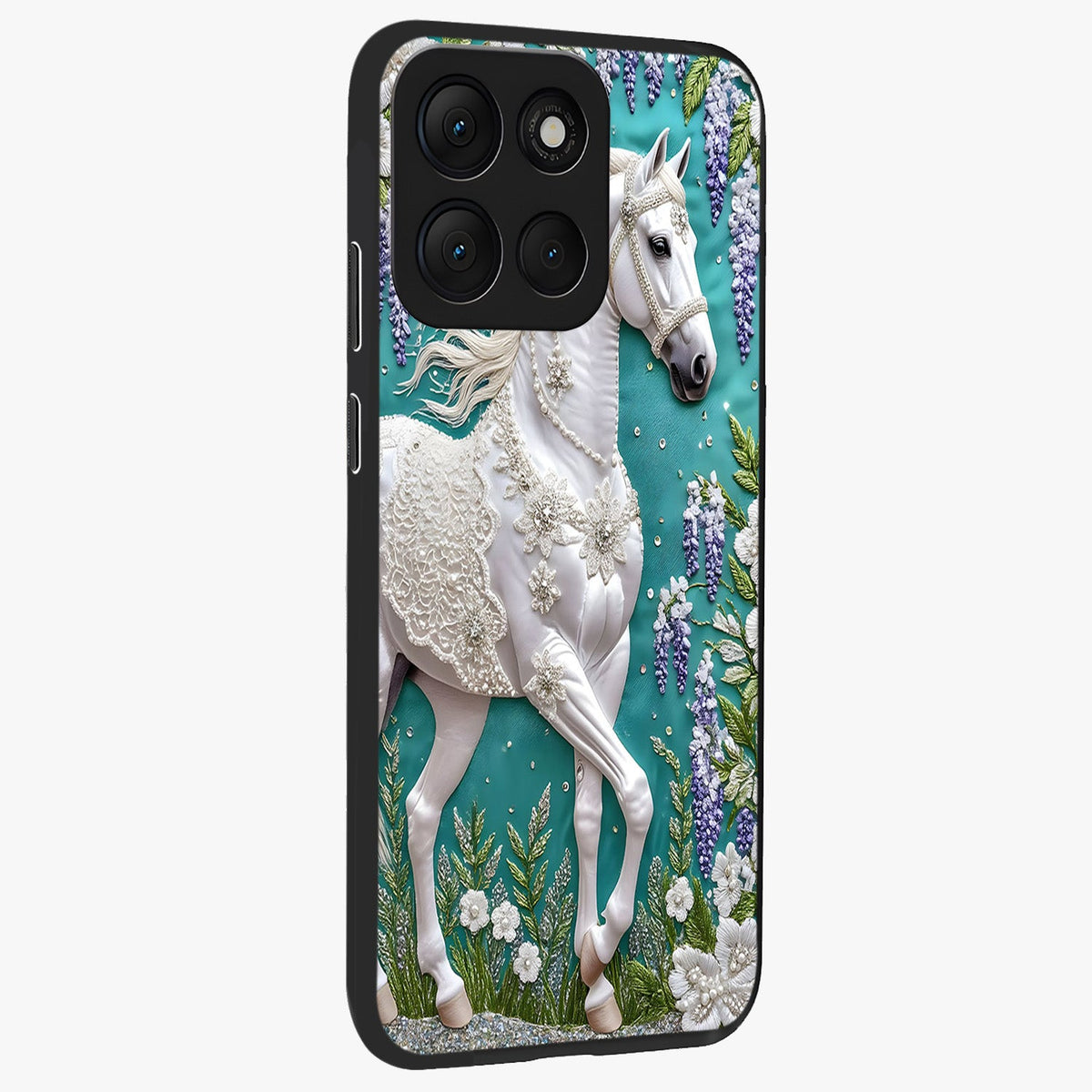 Majestic Floral Stallion Glass Case upright view showcasing dramatic horse artwork with decorative floral theme.