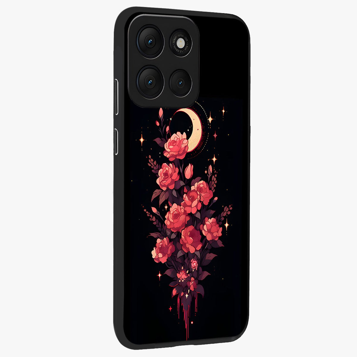 Moonlit Floral Elegance Glass Case upright view showcasing delicate floral artwork with refined night inspired theme.