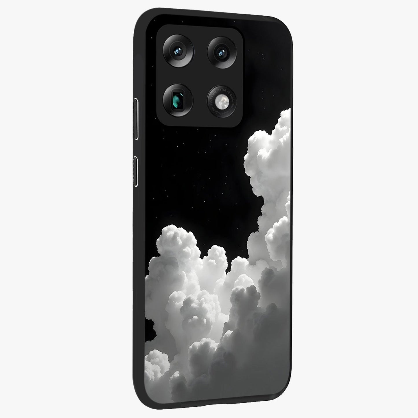 Black Background With White Cloud Glass Case upright view showcasing calm cloud aesthetic with modern minimal style.