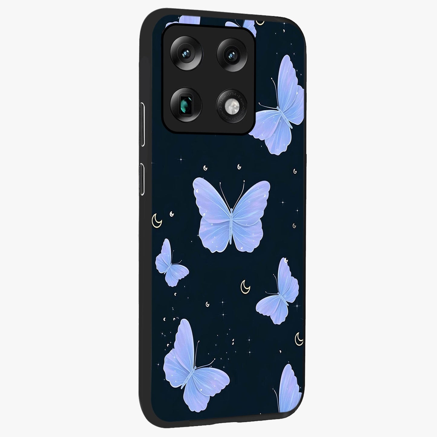 Butterfly With Stars Pattern Glass Case upright view showcasing celestial butterfly artwork with sparkling star elements.