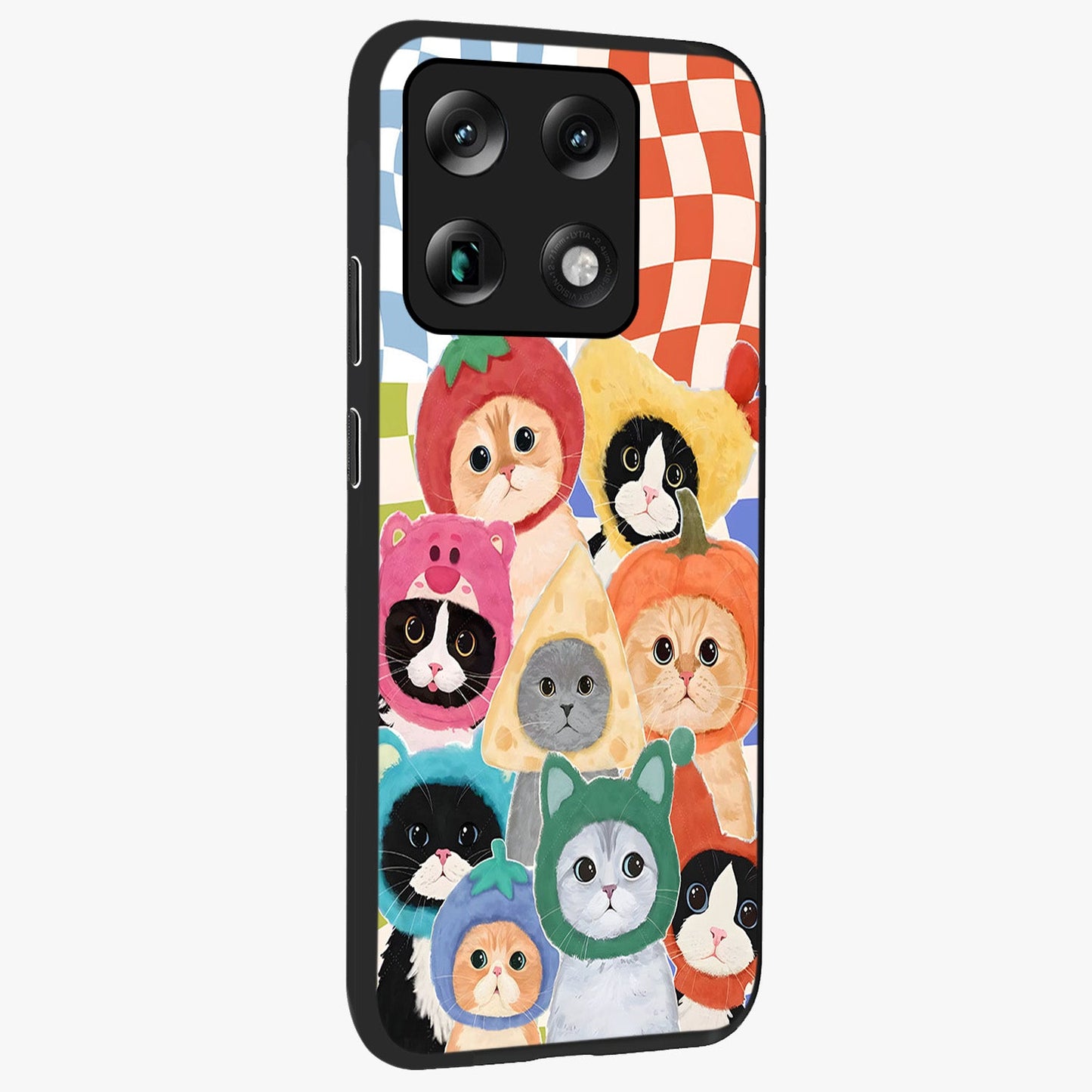 Cats in Fruits Glass Case upright view showcasing charming cat artwork with fun fruity theme.