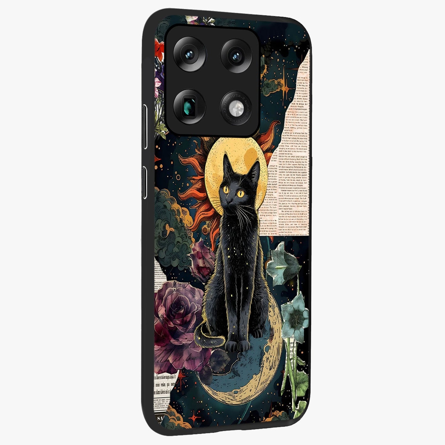 Celestial Black Cat Glass Case upright view showcasing magical black cat illustration with starry cosmic theme.
