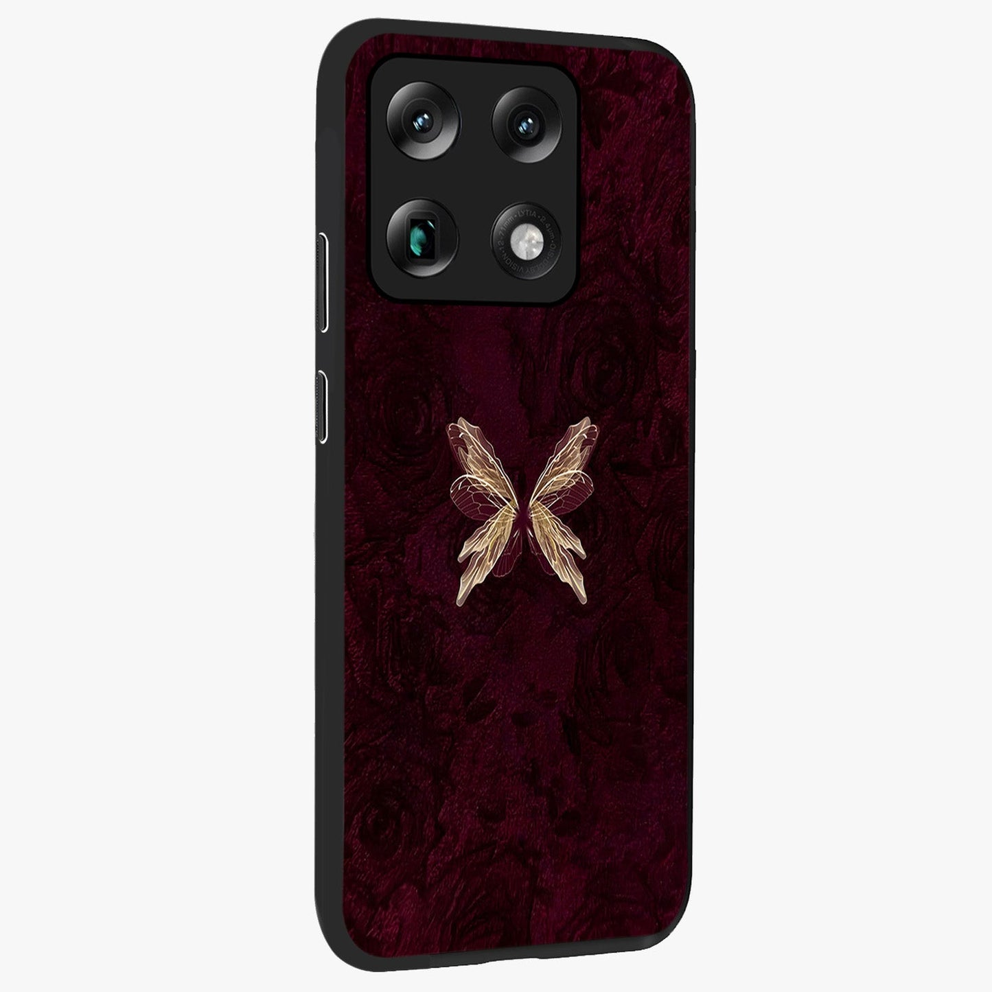 Crimson Fade Butterfly Glass Case upright view showcasing graceful butterfly artwork with soft crimson fade effect.