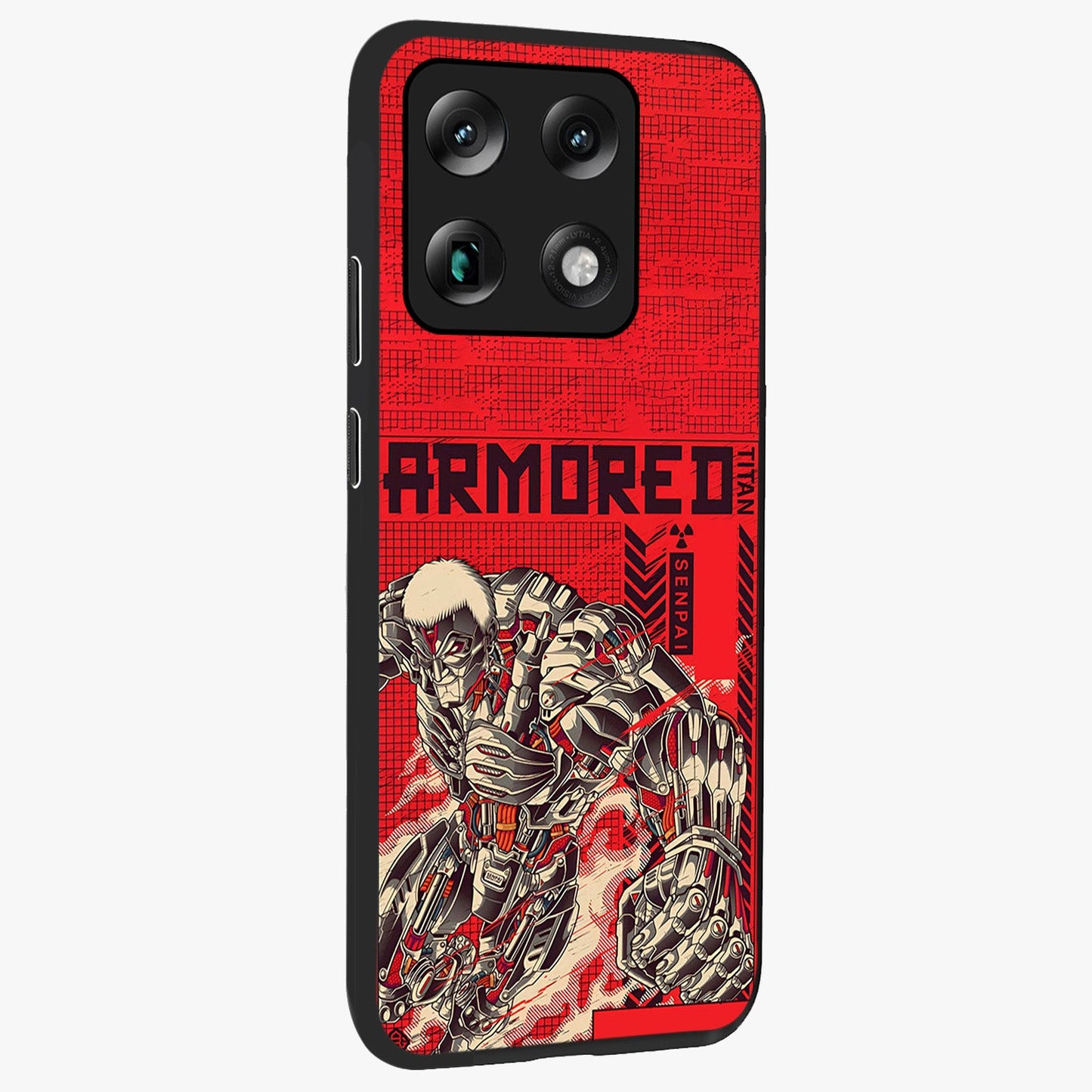 Crimson Mecha Titan Glass Case upright view showcasing dynamic robotic titan design with sci-fi inspired theme.