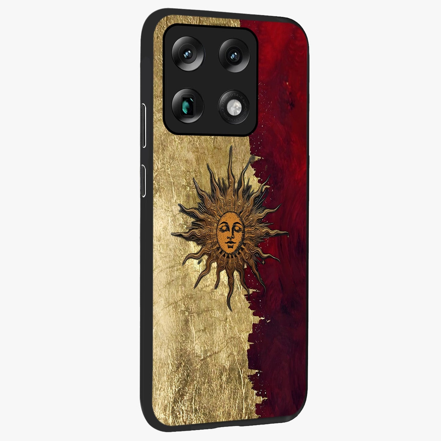 Crimson Sun Majesty Glass Case upright view showcasing vibrant sun artwork with powerful celestial theme.