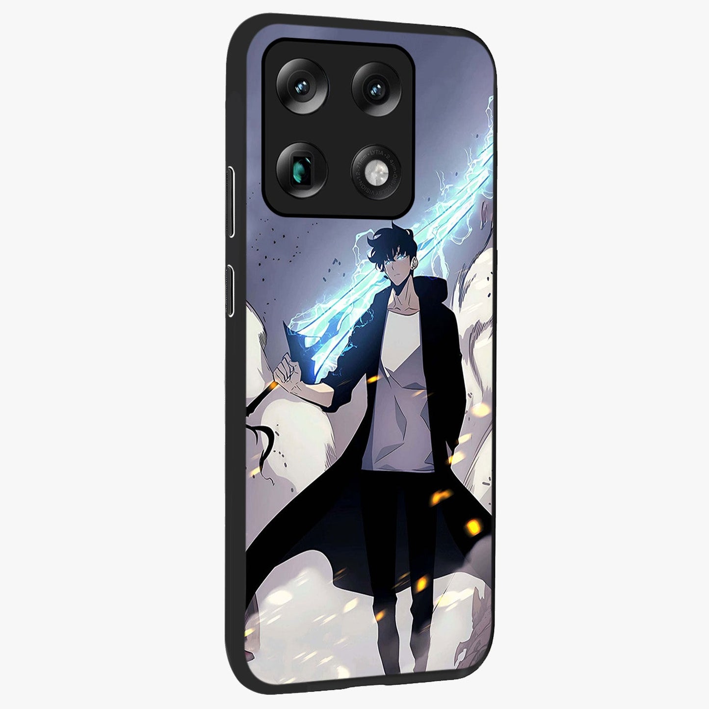 Dark Lightning Anime Warrior Glass Case upright view showcasing dramatic warrior artwork with dark lightning aesthetic.