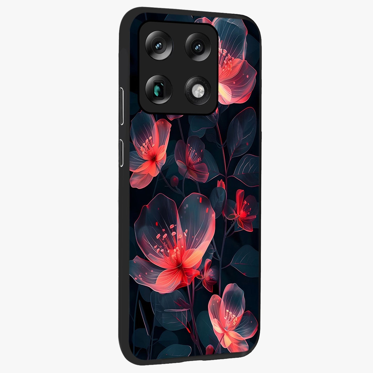 Dark Shade of Flower Glass Case upright view showcasing delicate flower artwork with rich dark floral theme.