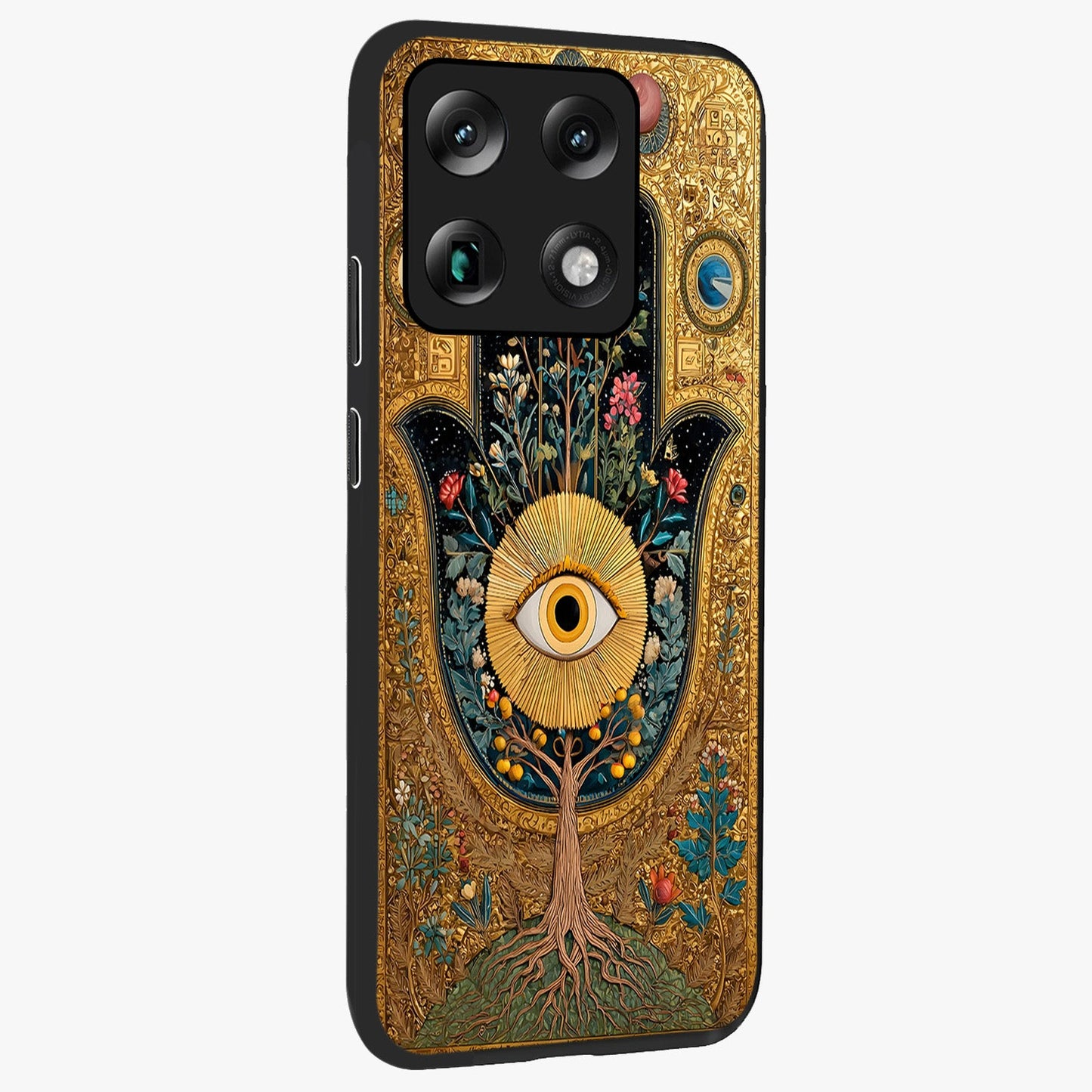 Ethereal Evil Eye Glass Case upright view showcasing celestial evil eye artwork with mystical theme.