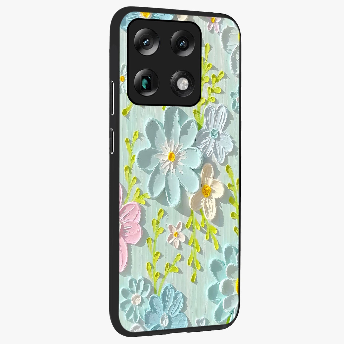 Frosted Petal Garden Glass Case upright view showcasing elegant floral garden artwork with soothing pastel theme.