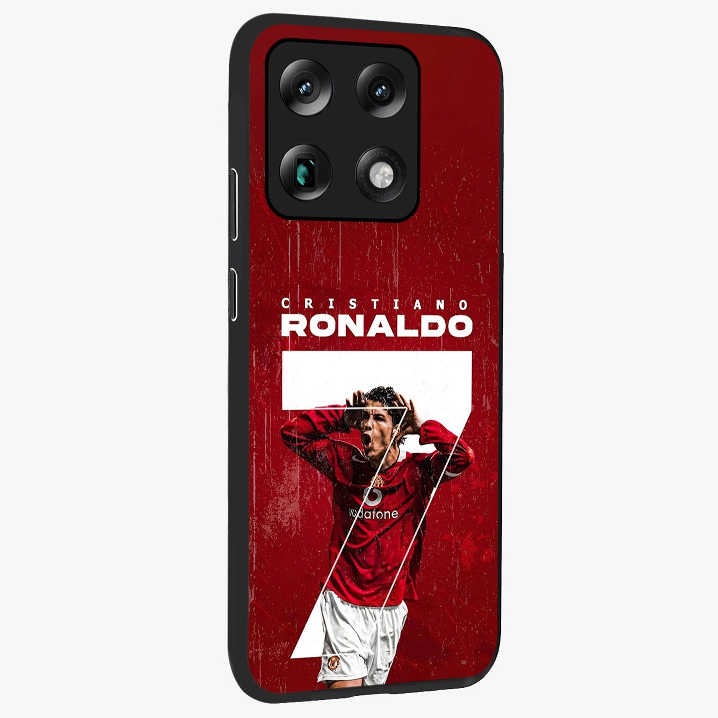 Goal Celebration Legacy Glass Case upright view showcasing dynamic football inspired artwork with victory celebration aesthetic.