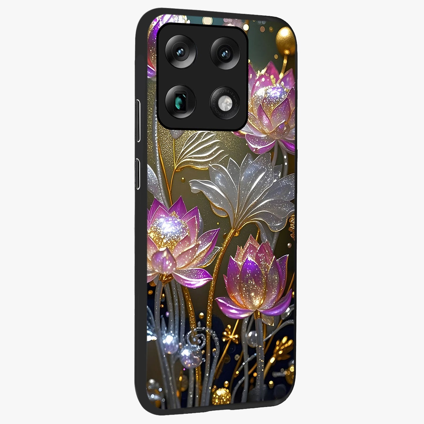 Golden Floral Majesty Glass Case upright view showcasing majestic floral artwork with rich decorative theme.