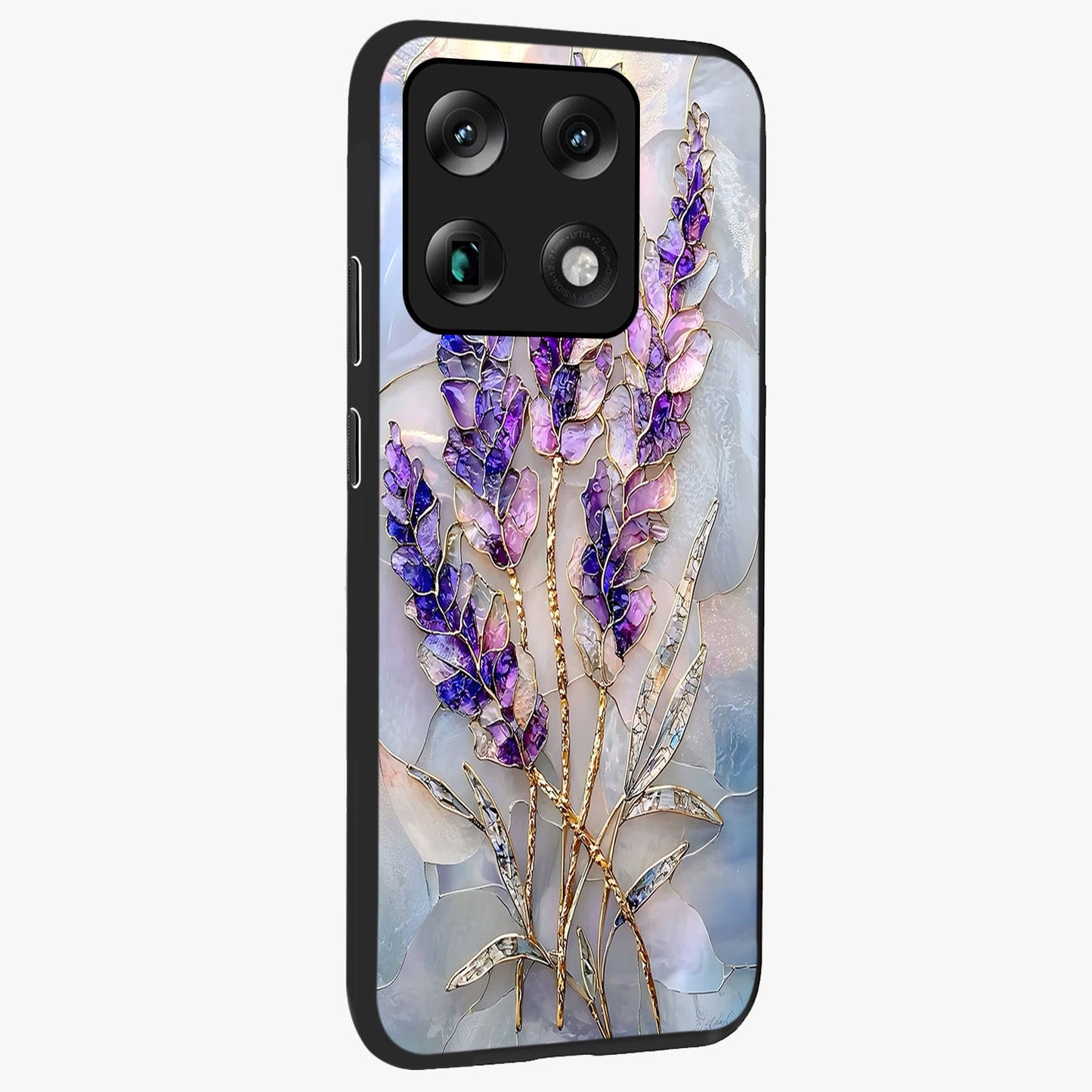 Lavender Dream Glow Glass Case upright view showcasing radiant lavender glow artwork with calming dreamy theme.