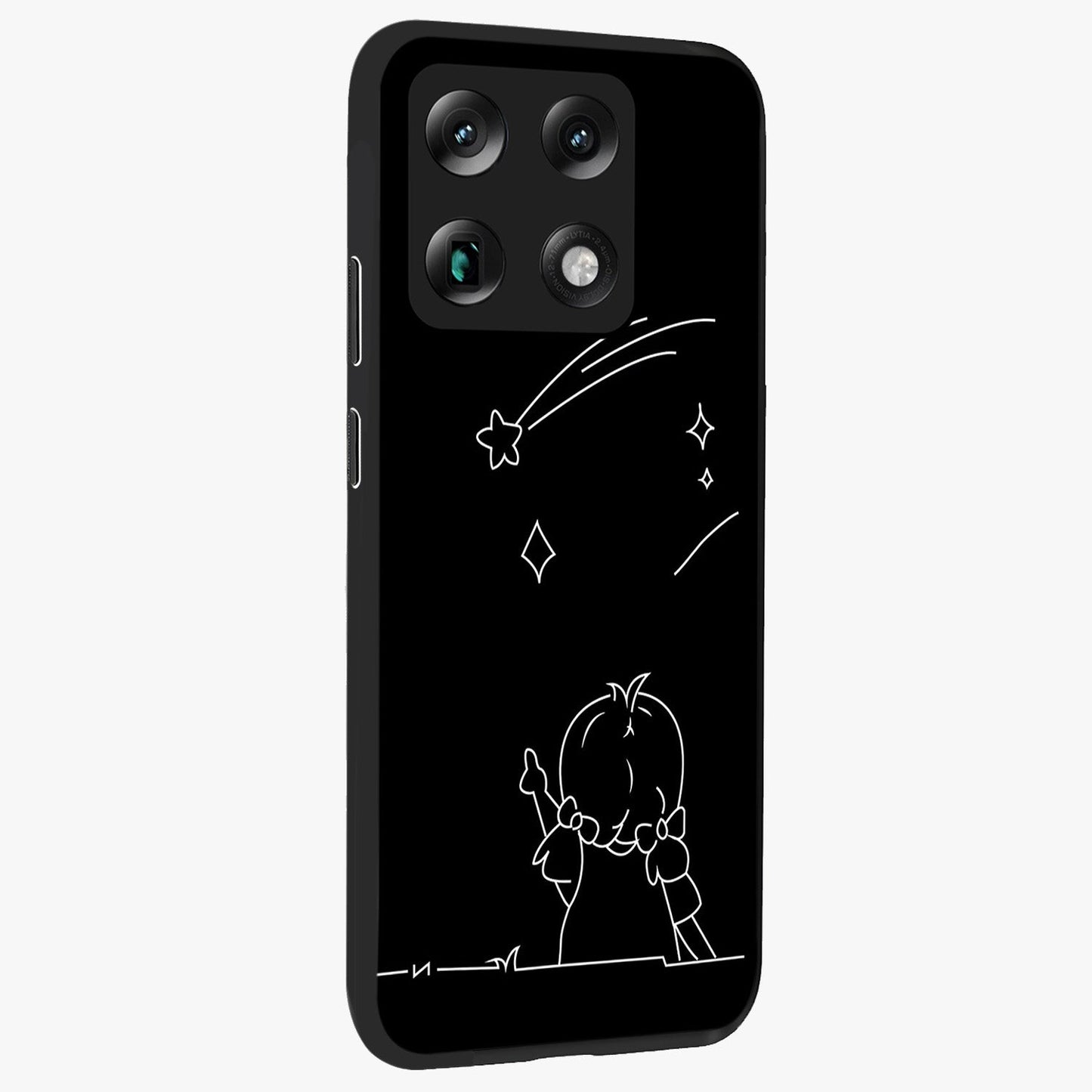 Line Art Girl With Shooting Stars Glass Case upright view showcasing delicate shooting stars artwork with minimal artistic theme.