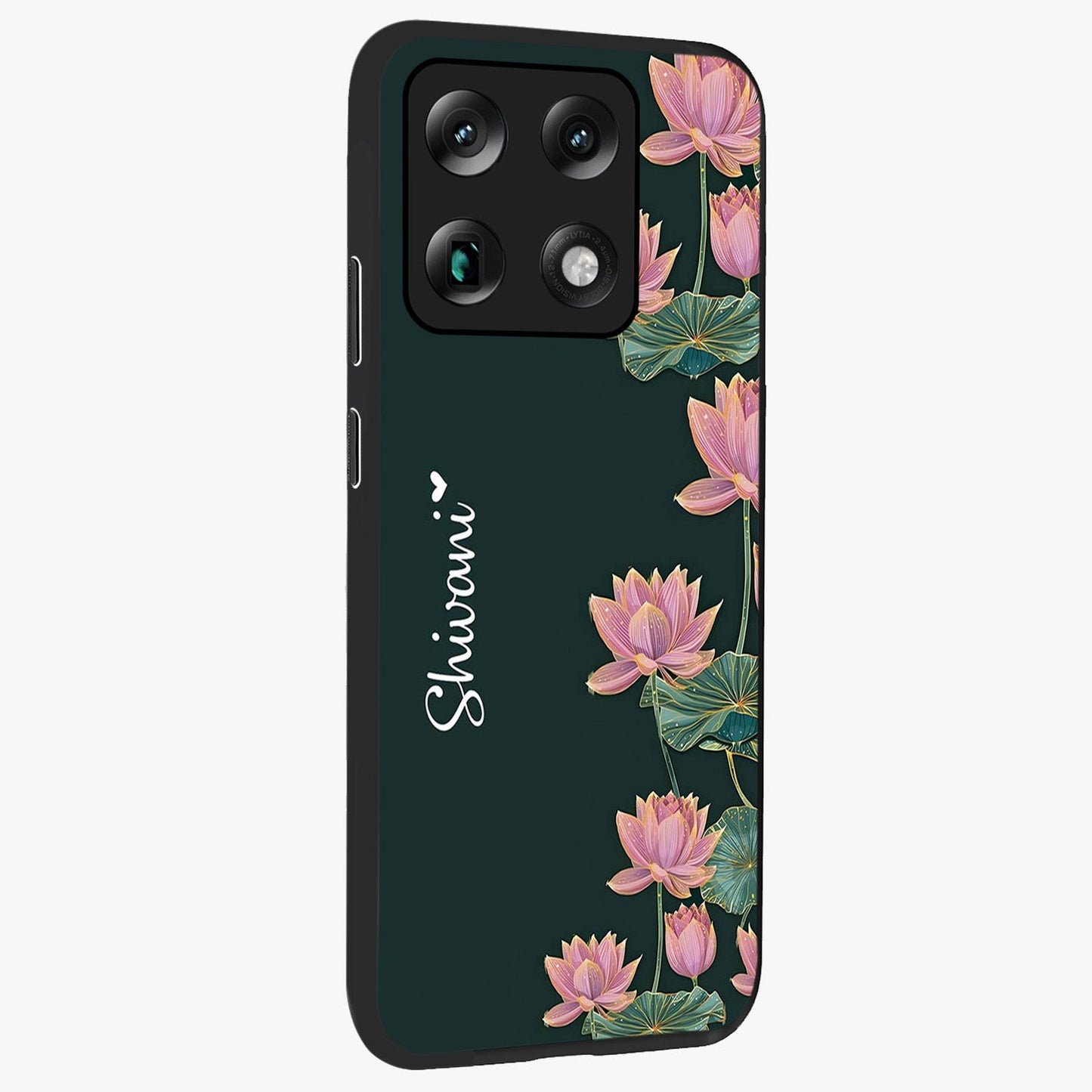 Lotus Bloom Serenity Custom Name Glass Case upright view showcasing serene lotus bloom artwork with personalized floral aesthetic.
