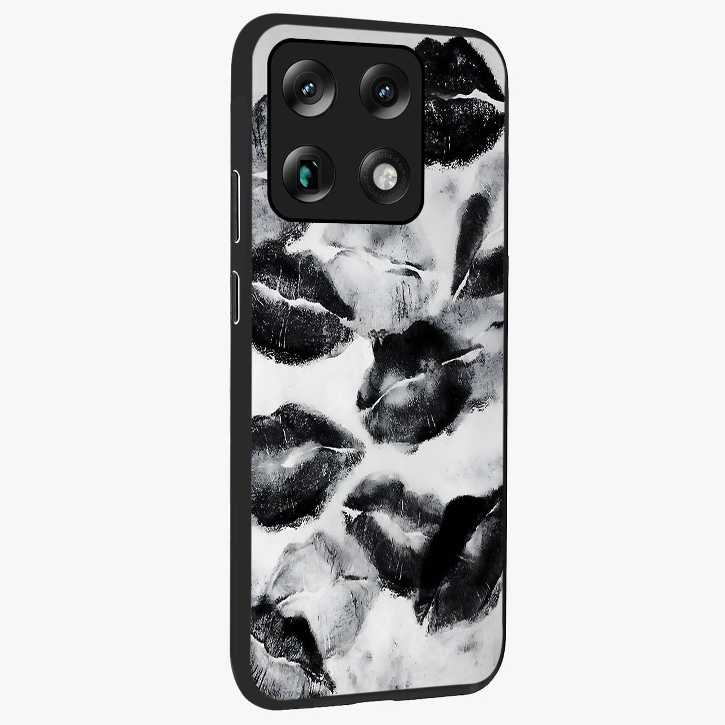 Midnight Kiss Marks Glass Case upright view showcasing stylish kiss mark artwork with trendy romantic theme.