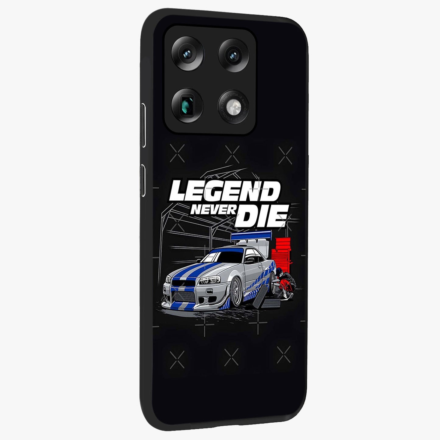 Midnight Racing Legacy Glass Case upright view showcasing powerful racing artwork with modern sports theme.