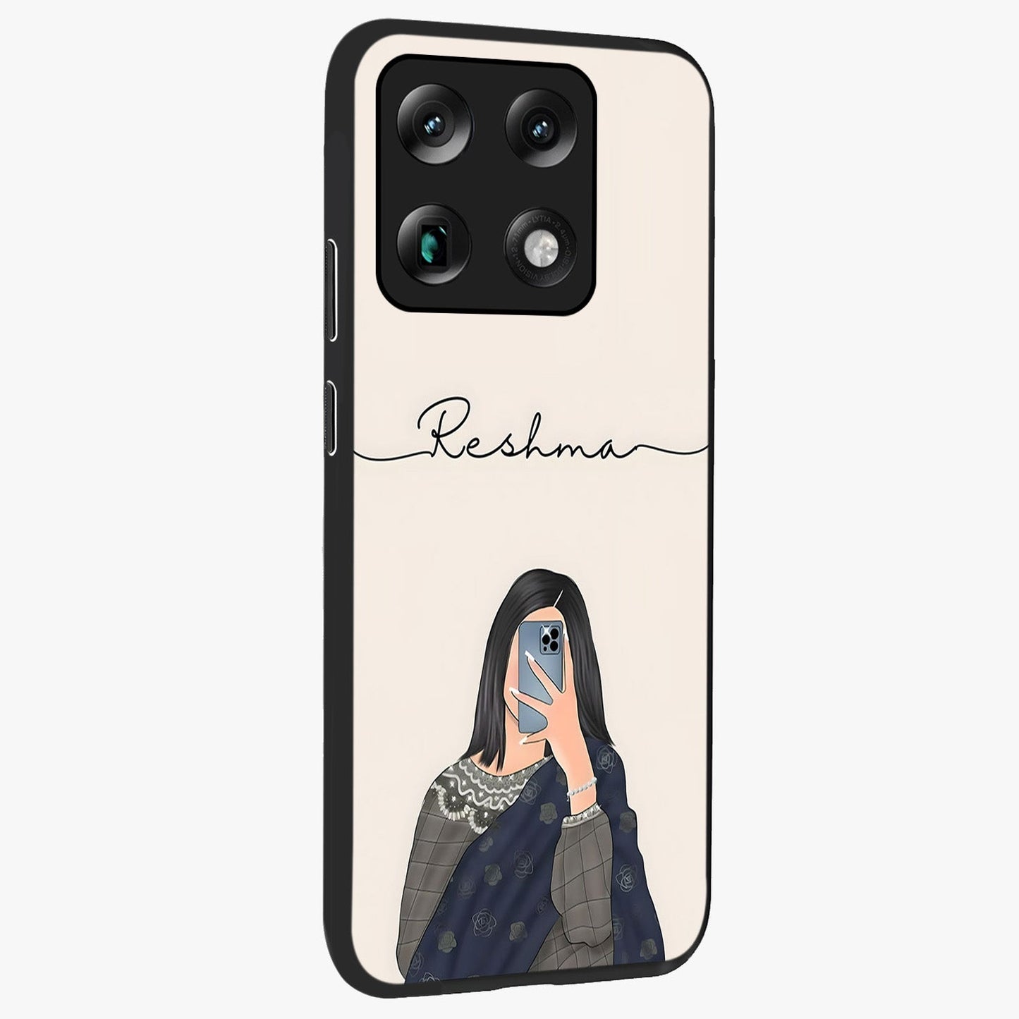 Mirror Mood Muse With Custom Name Glass Case upright view showcasing artistic mirror themed artwork with personalized aesthetic.