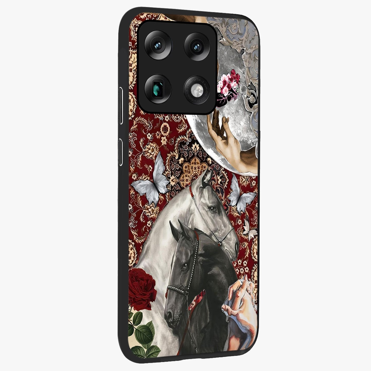 Moonlit Royal Stallion Glass Case upright view showcasing dramatic horse artwork with glowing moon themed design.