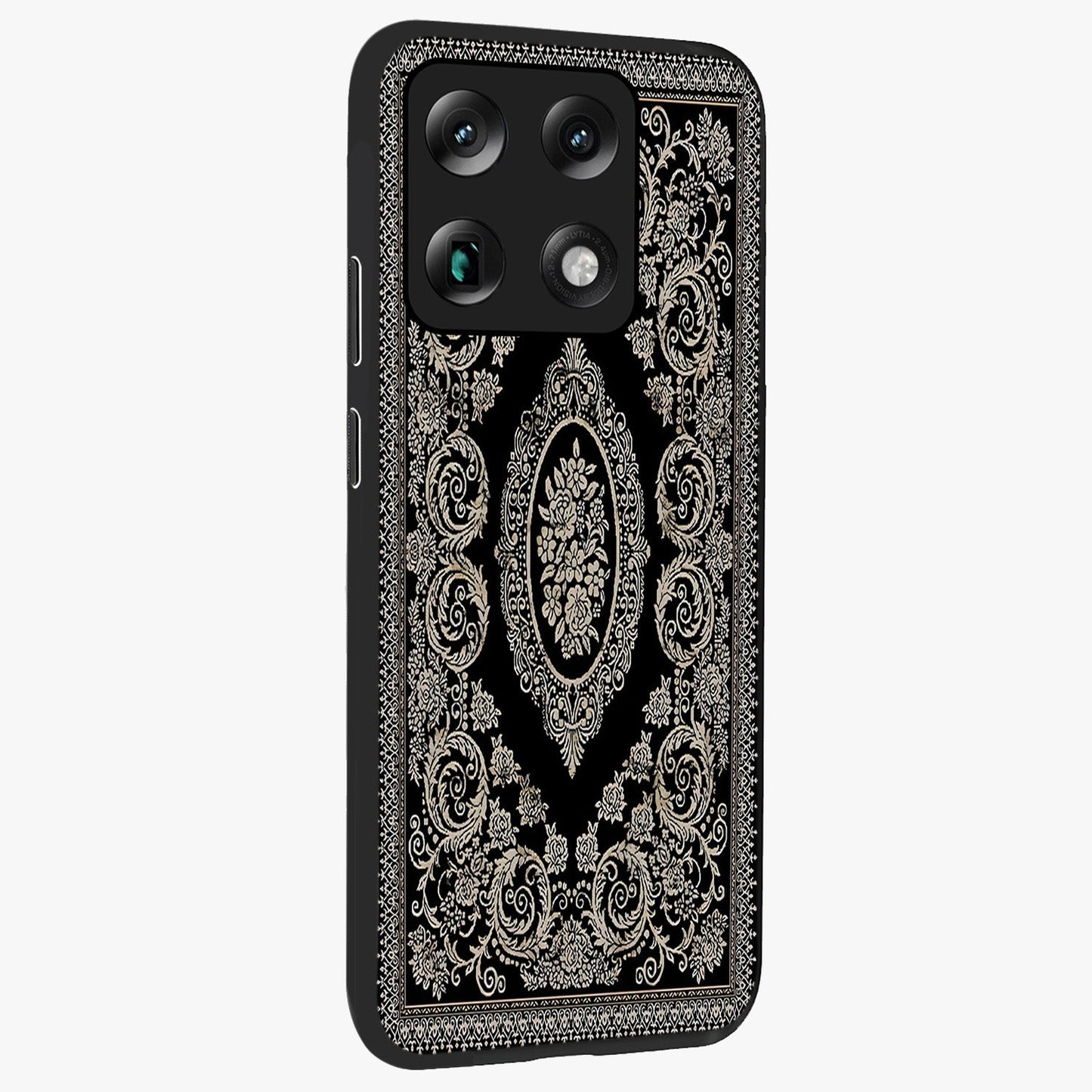 Noir Bloom Elegance Glass Case upright view showcasing graceful floral artwork with luxurious dark theme.