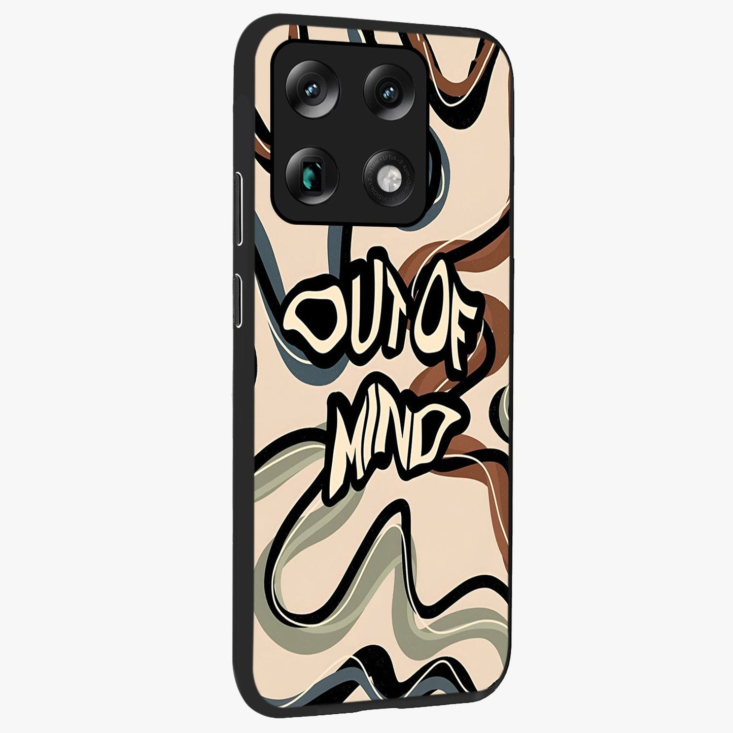 Out Of Mind Glass Case upright view showcasing striking typography artwork with edgy conceptual theme.