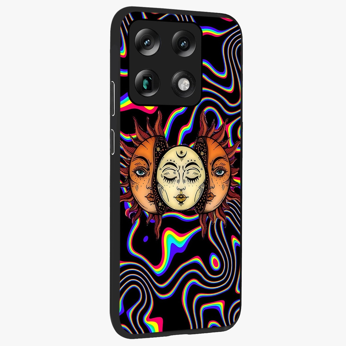 Psychedelic Sun Glass Case upright view showcasing trippy sun artwork with bold psychedelic theme.