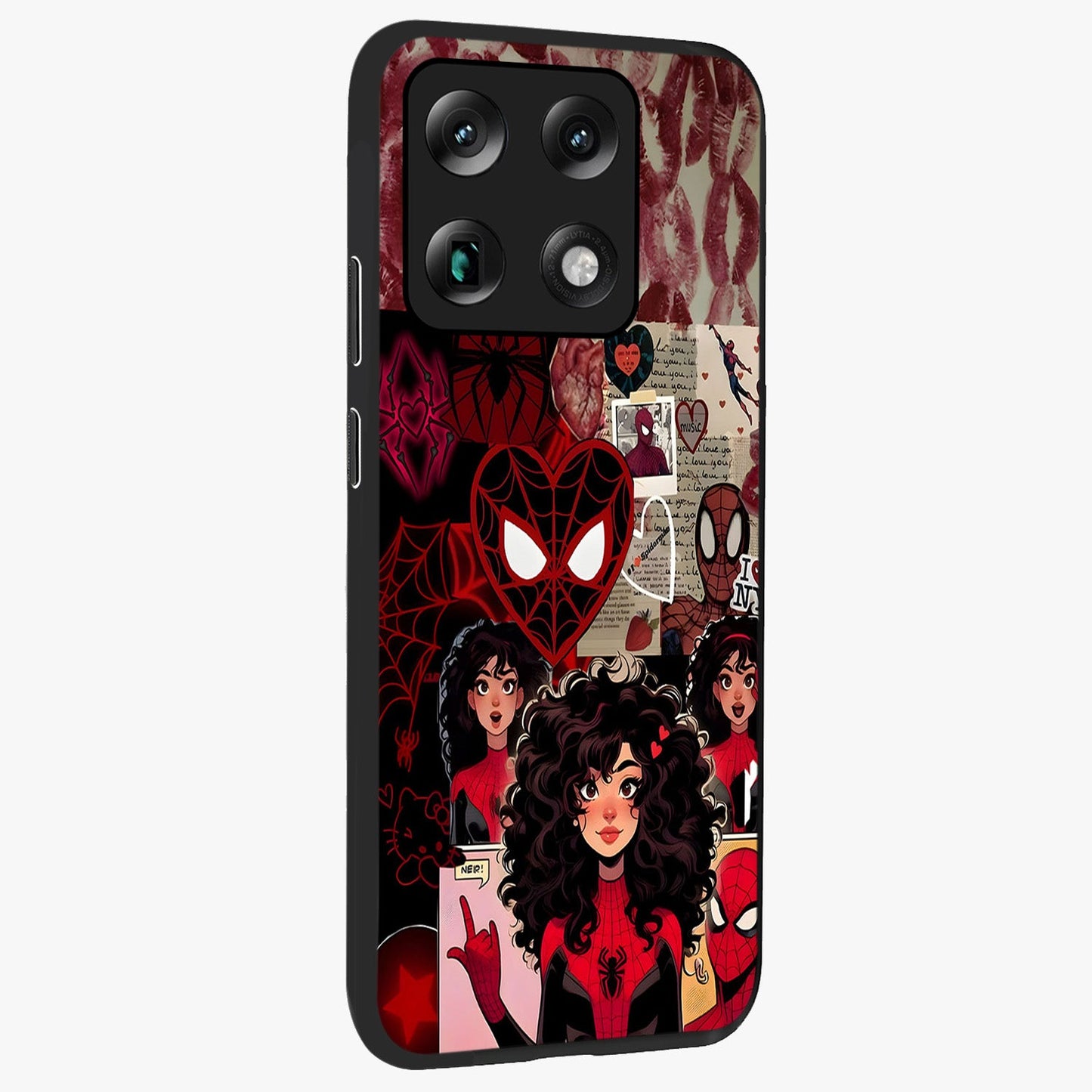 Spider Love Story Glass Case upright view showcasing charming superhero artwork with romantic comic theme.