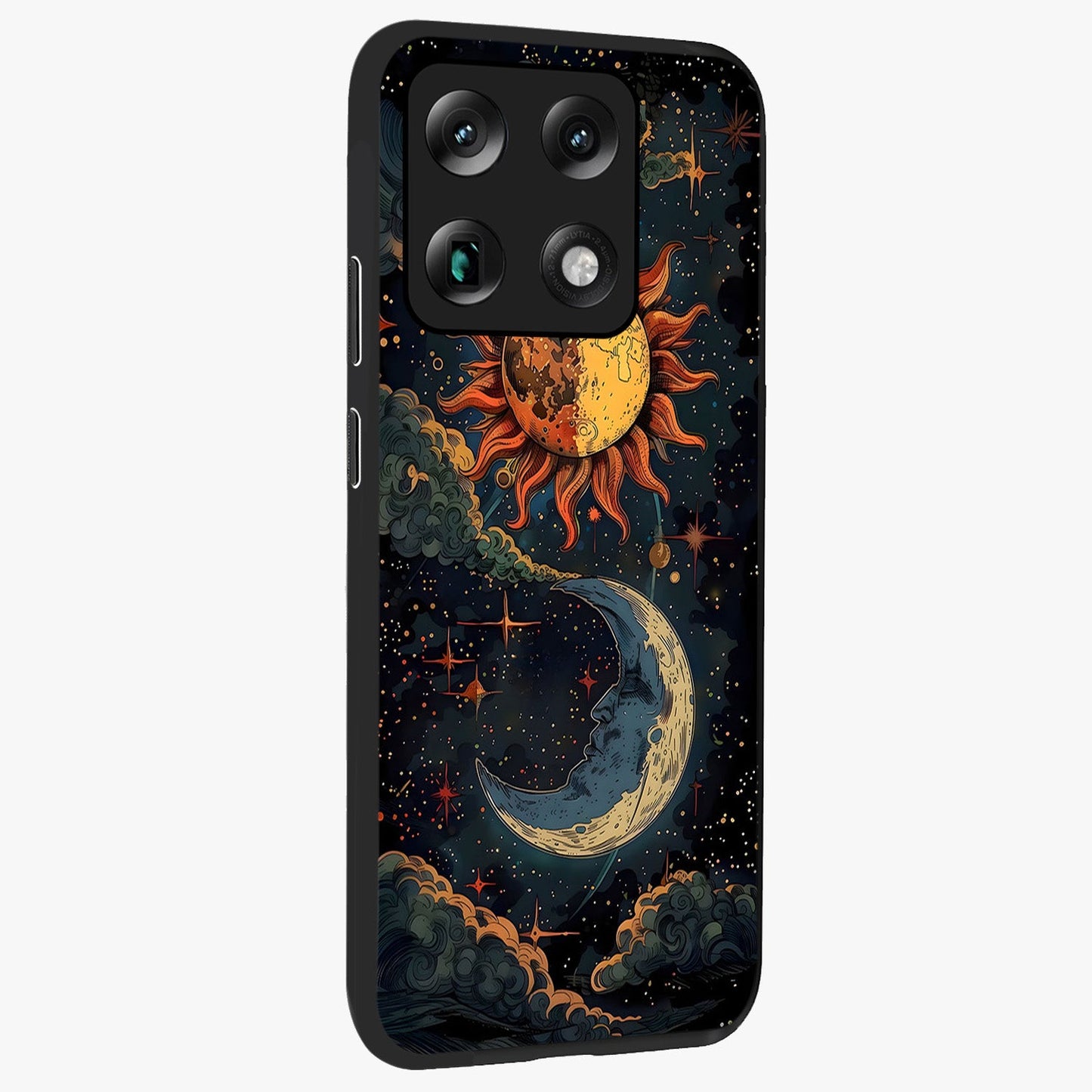 Sun And Moon Magic Design Glass Case upright view showcasing decorative sun and moon artwork with spiritual celestial theme.