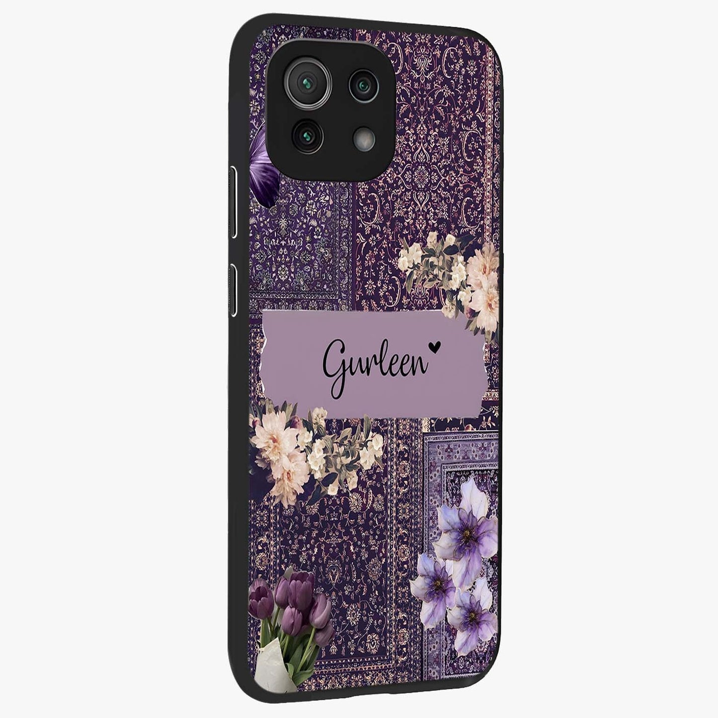 Antique Floral Whisper Custom Name Glass Case upright view showcasing delicate floral artwork with custom name feature.