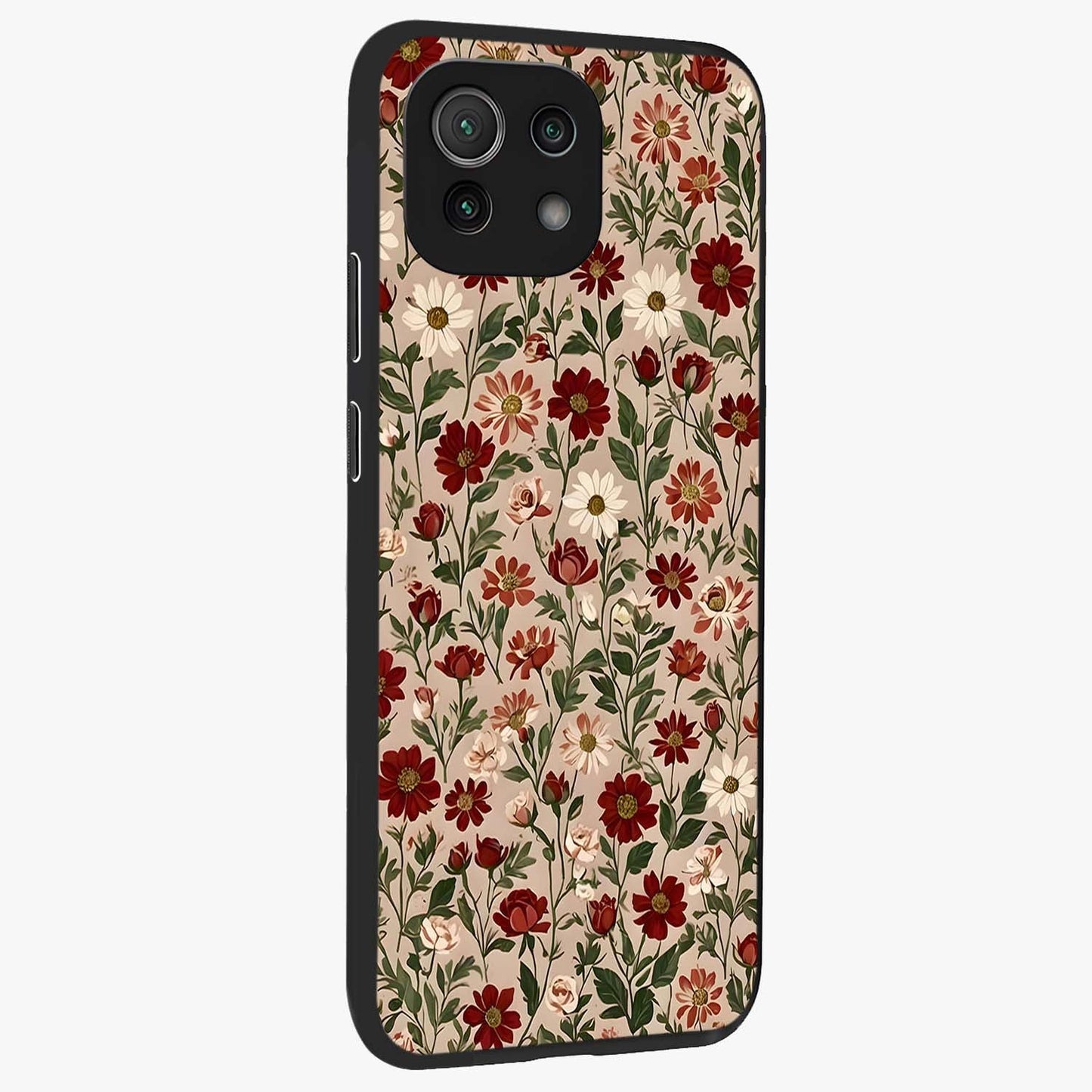 Biege Flower With Leaf Glass Case upright view showcasing delicate beige flower illustration with clean botanical style.