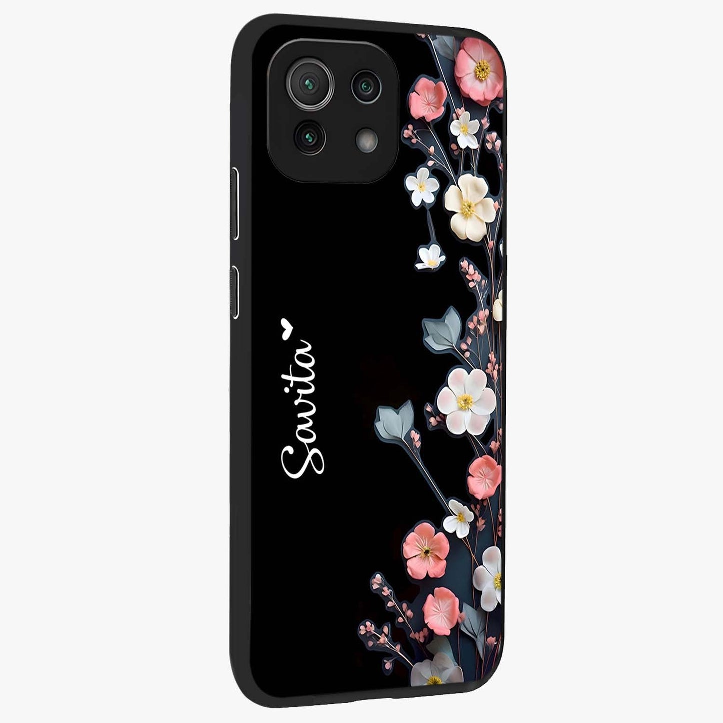 Black Elegance Floral Custom Name Glass Case upright view showcasing luxurious black floral design with personalized name detail.
