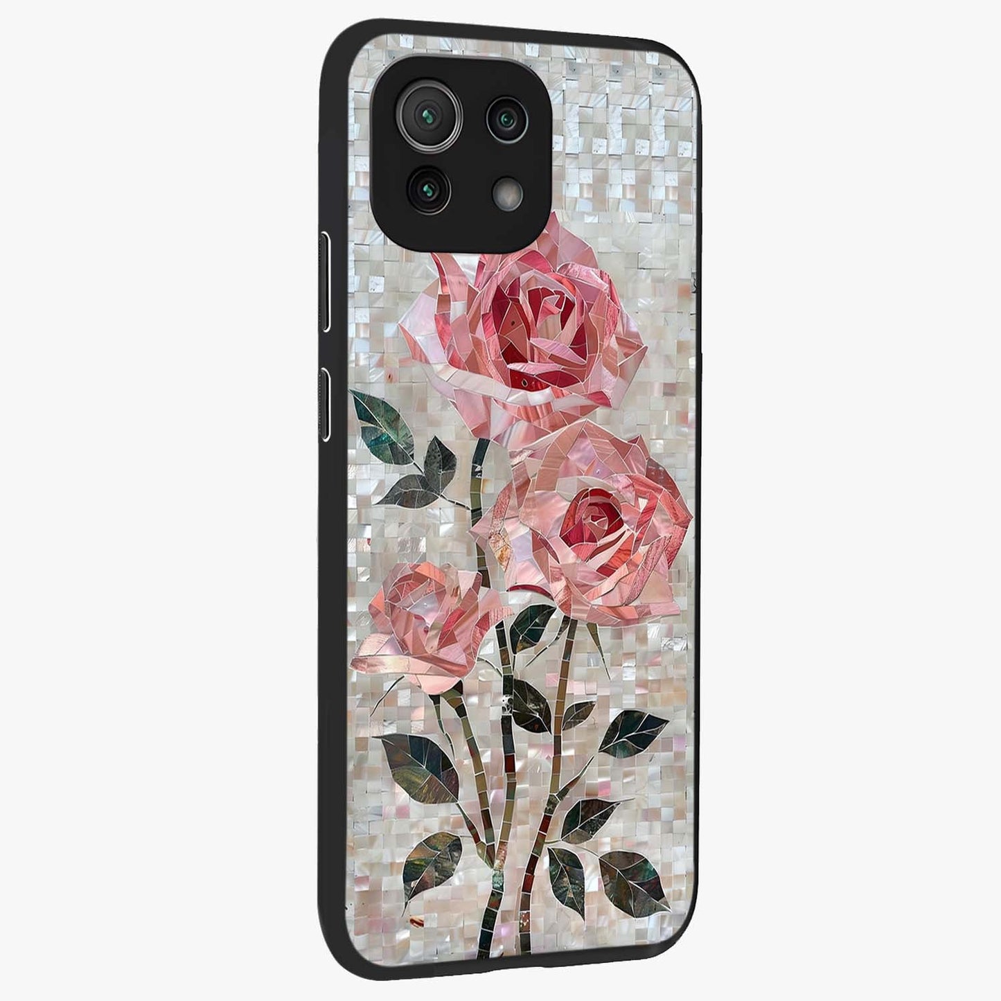 Blush Mosaic Bloom Glass Case upright view showcasing decorative floral mosaic artwork with stylish modern aesthetic.