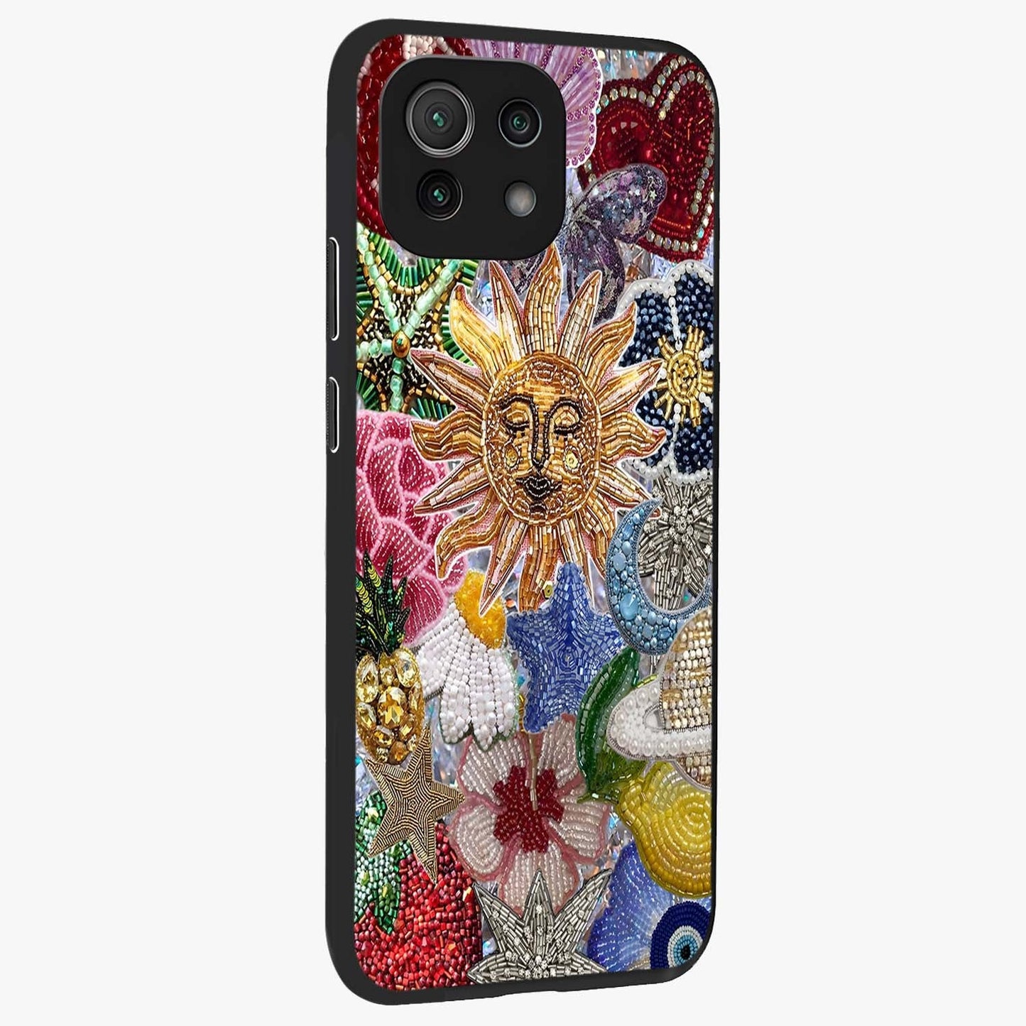 Celestial Floral and Playful Glass Case upright view showcasing whimsical floral artwork with cosmic aesthetic theme.