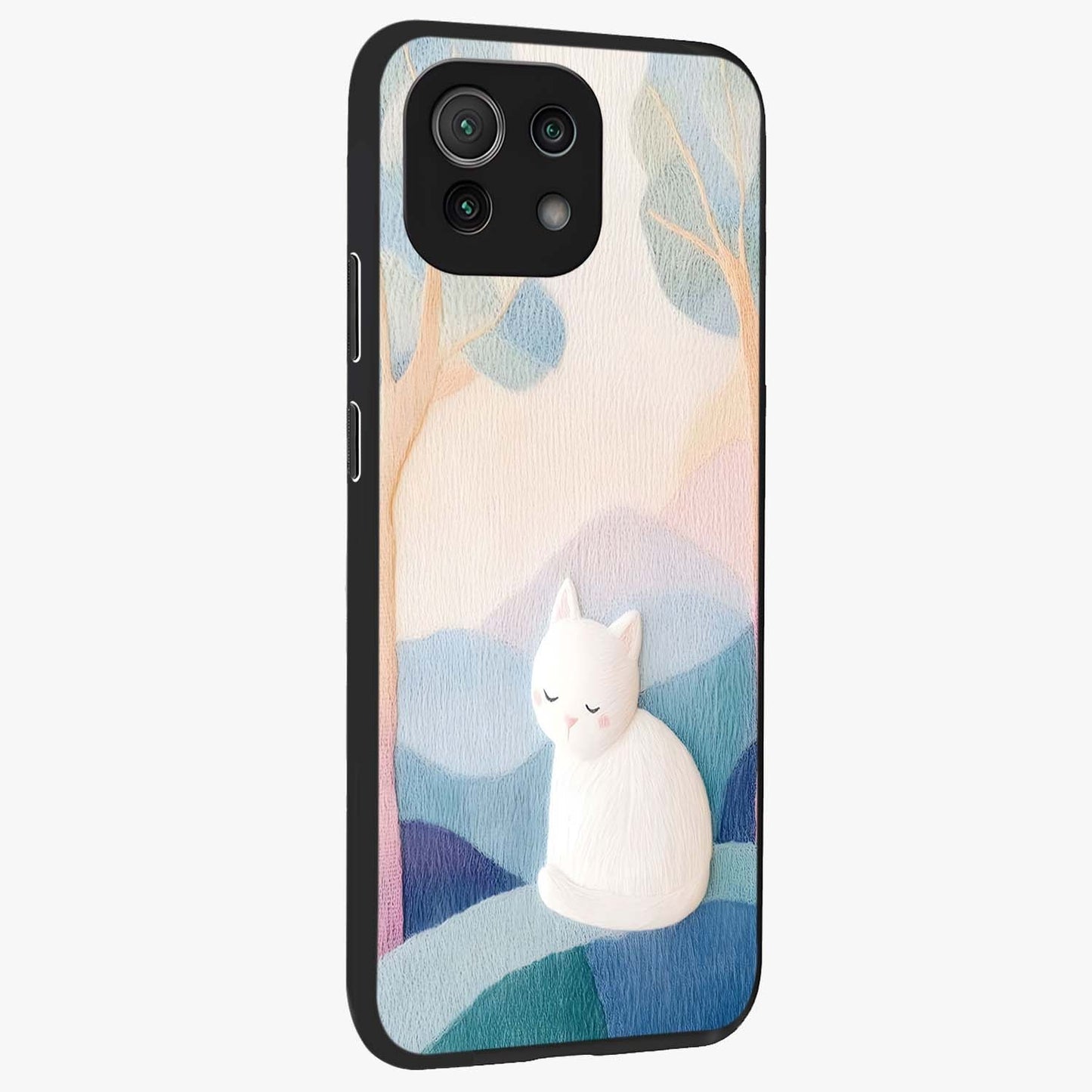 Cotton Dream Cat Glass Case upright view showcasing charming cat artwork with cozy dreamy theme.