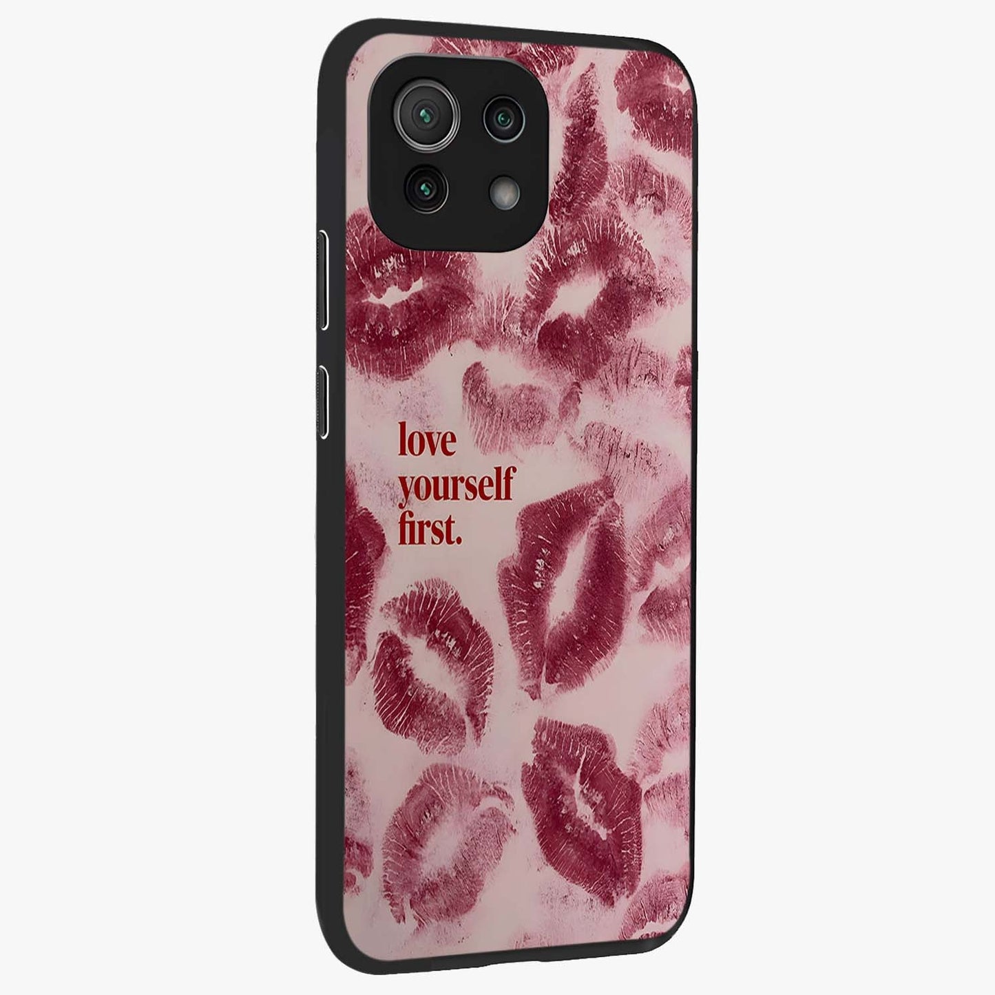 Crimson Kiss Love Glass Case upright view showcasing expressive romantic artwork with deep crimson theme.