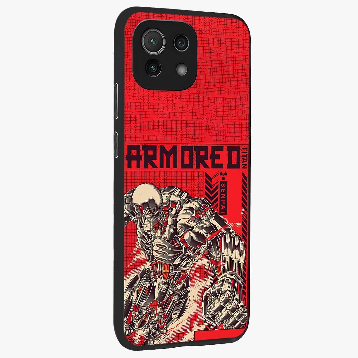Crimson Mecha Titan Glass Case upright view showcasing dynamic robotic titan design with sci-fi inspired theme.