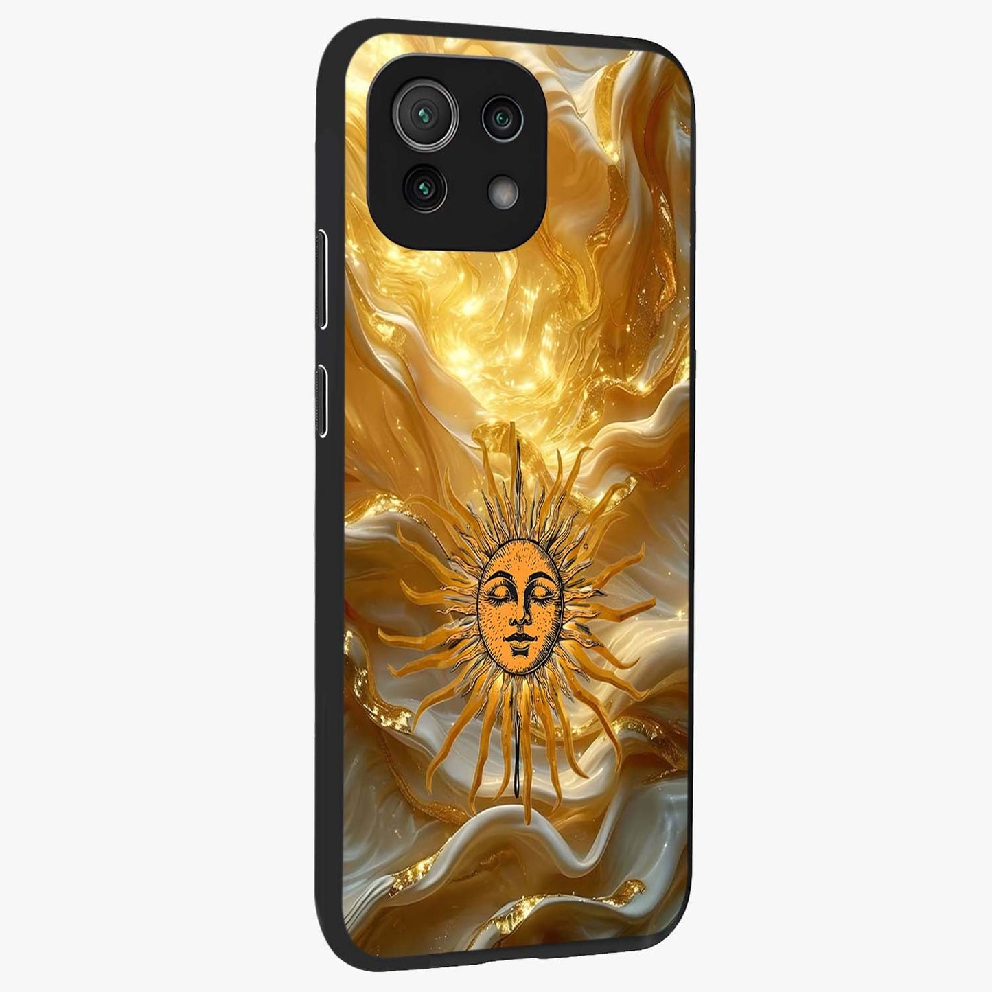 Eternal Golden Glow Glass Case upright view showcasing luminous golden artwork with luxurious visual theme.
