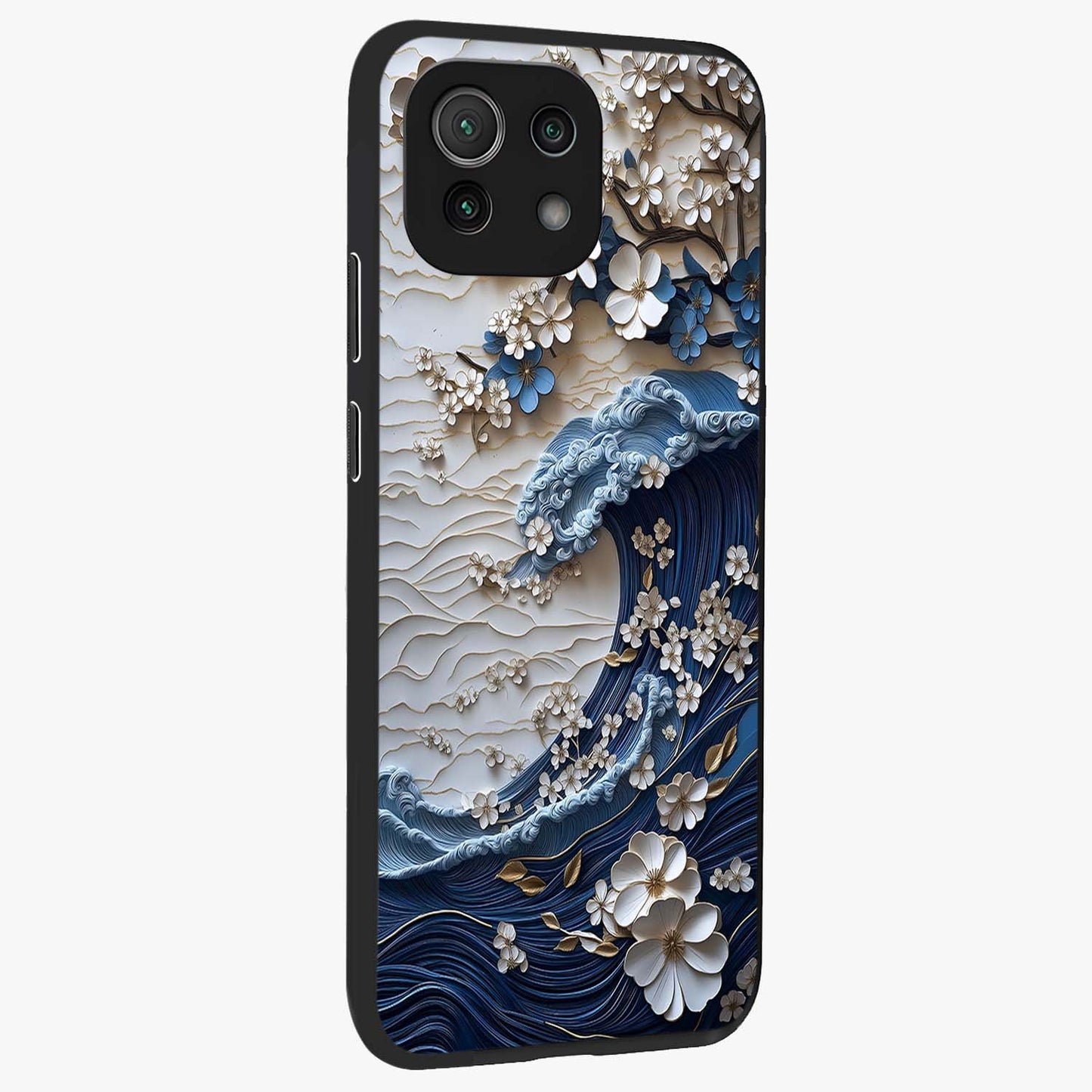 Floral Wave Origami Glass Case upright view showcasing creative floral origami artwork with artistic decorative theme.
