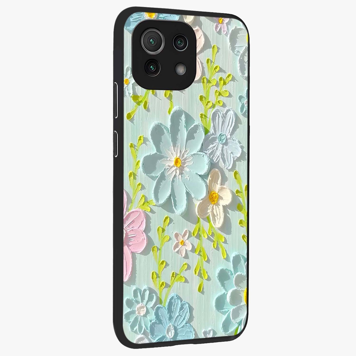 Frosted Petal Garden Glass Case upright view showcasing elegant floral garden artwork with soothing pastel theme.