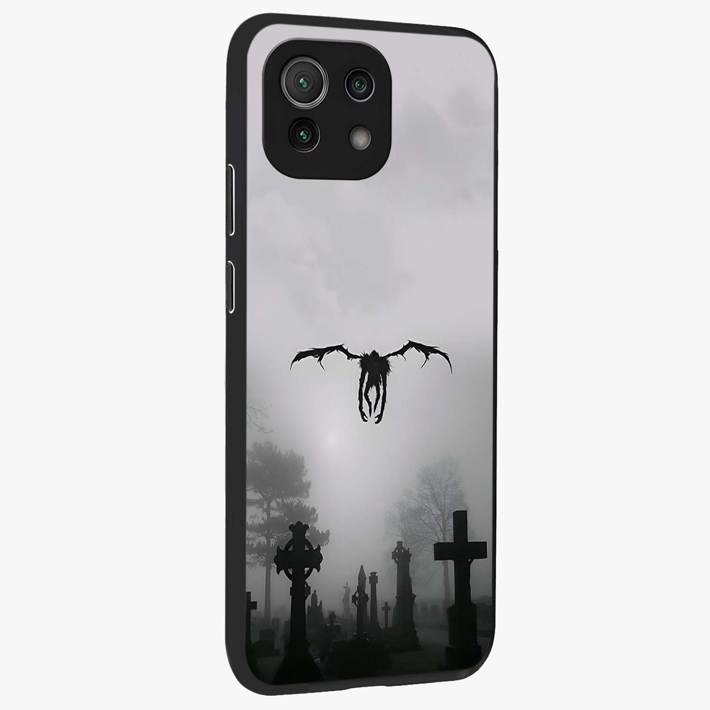 Graveyard Shadow Descent Glass Case upright view showcasing haunting graveyard artwork with dramatic dark theme.