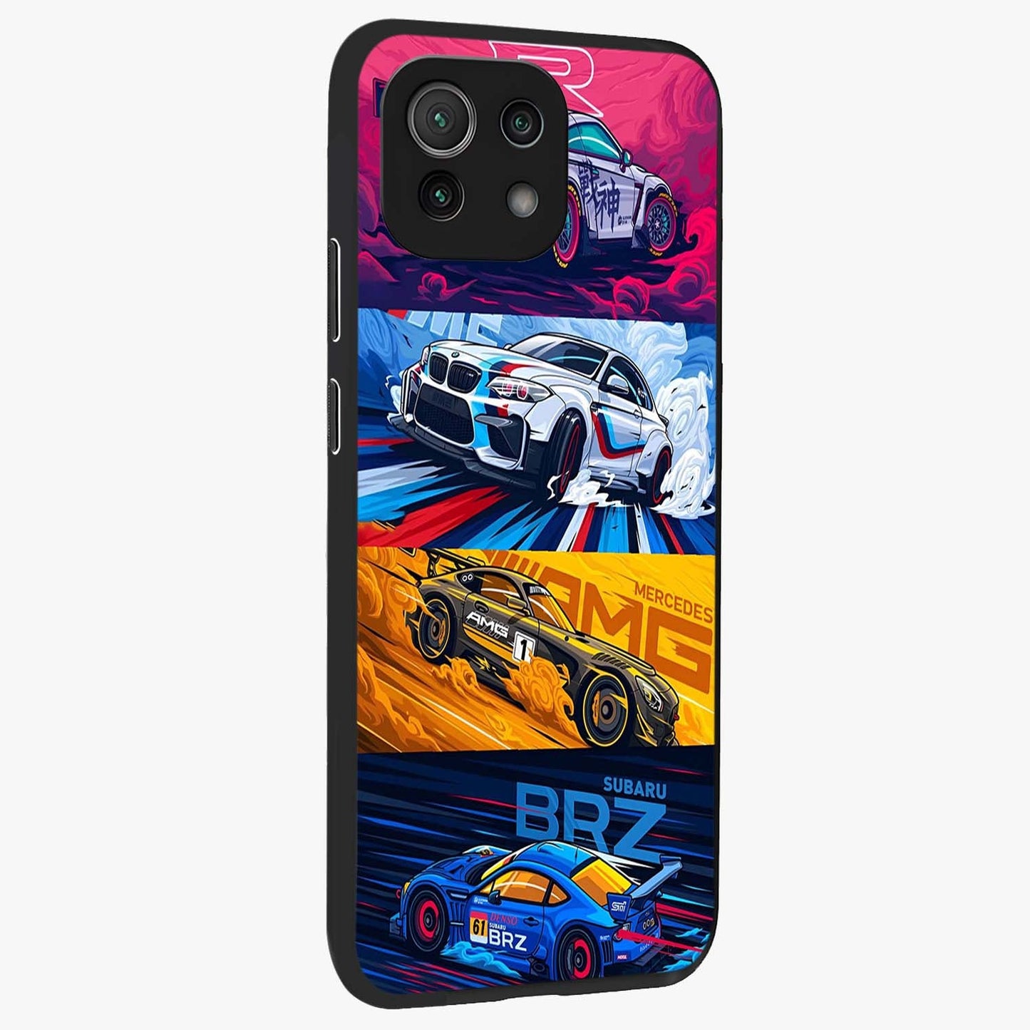 JDM Sports Car Glass Case upright view showcasing dynamic sports car artwork with bold racing theme.