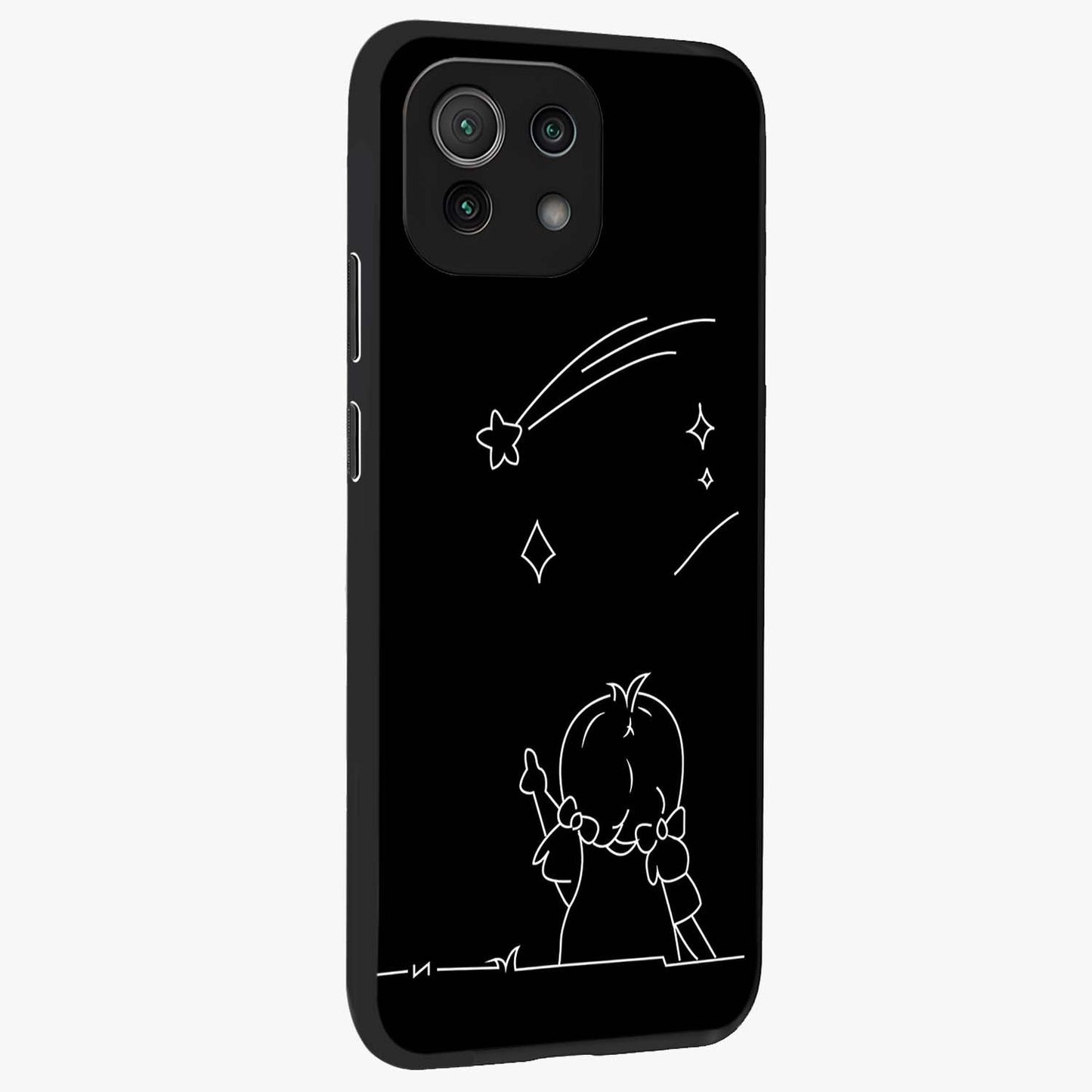 Line Art Girl With Shooting Stars Glass Case upright view showcasing delicate shooting stars artwork with minimal artistic theme.