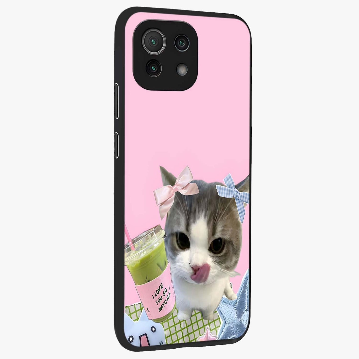 Love Matcha Cat Glass Case upright view showcasing adorable cat artwork with charming matcha themed design.