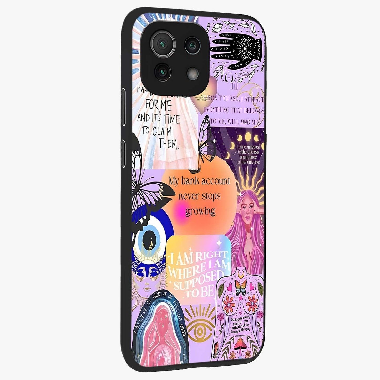 Manifestation Collage Glass Case upright view showcasing artistic manifestation themed artwork with creative style.