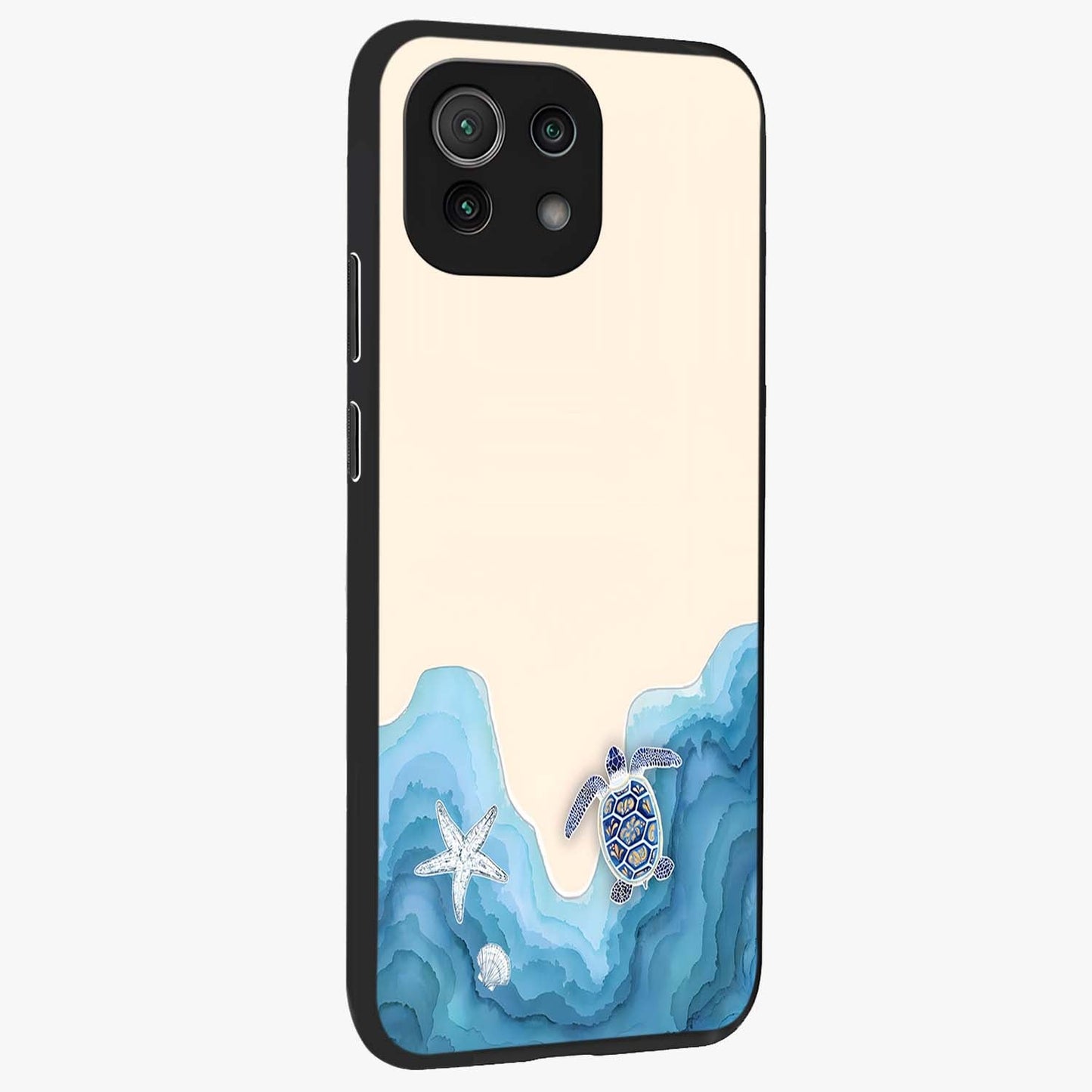Ocean Drift Turtle Glass Case upright view showcasing calm underwater turtle artwork with nature inspired theme.