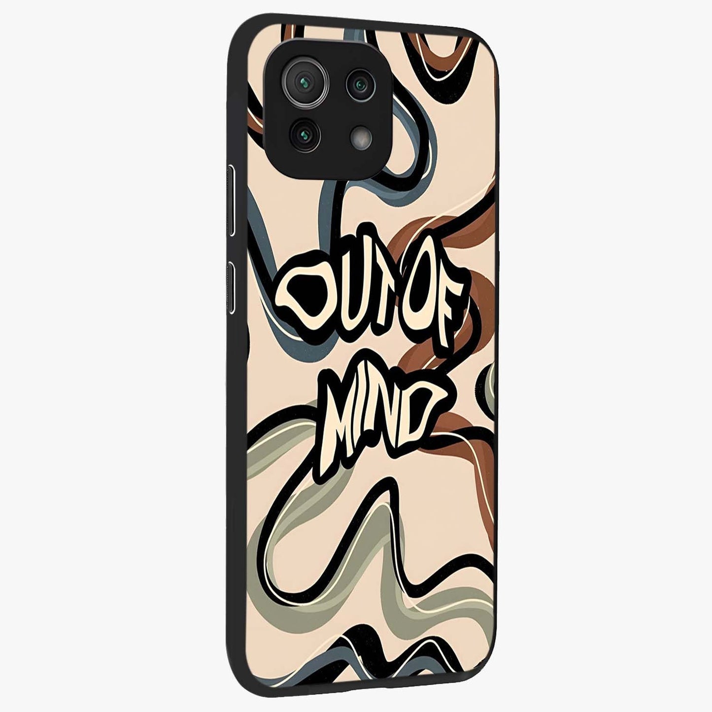Out Of Mind Glass Case upright view showcasing striking typography artwork with edgy conceptual theme.
