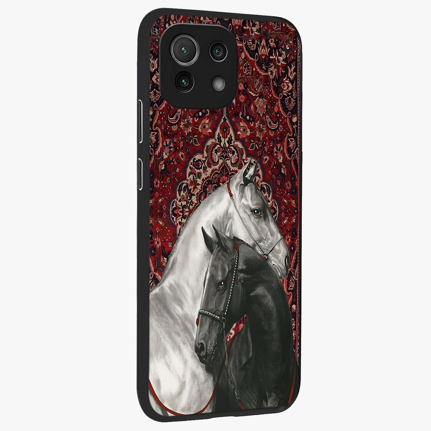 Regal Stallion Tapestry Glass Case upright view showcasing powerful horse artwork with elegant tapestry theme.