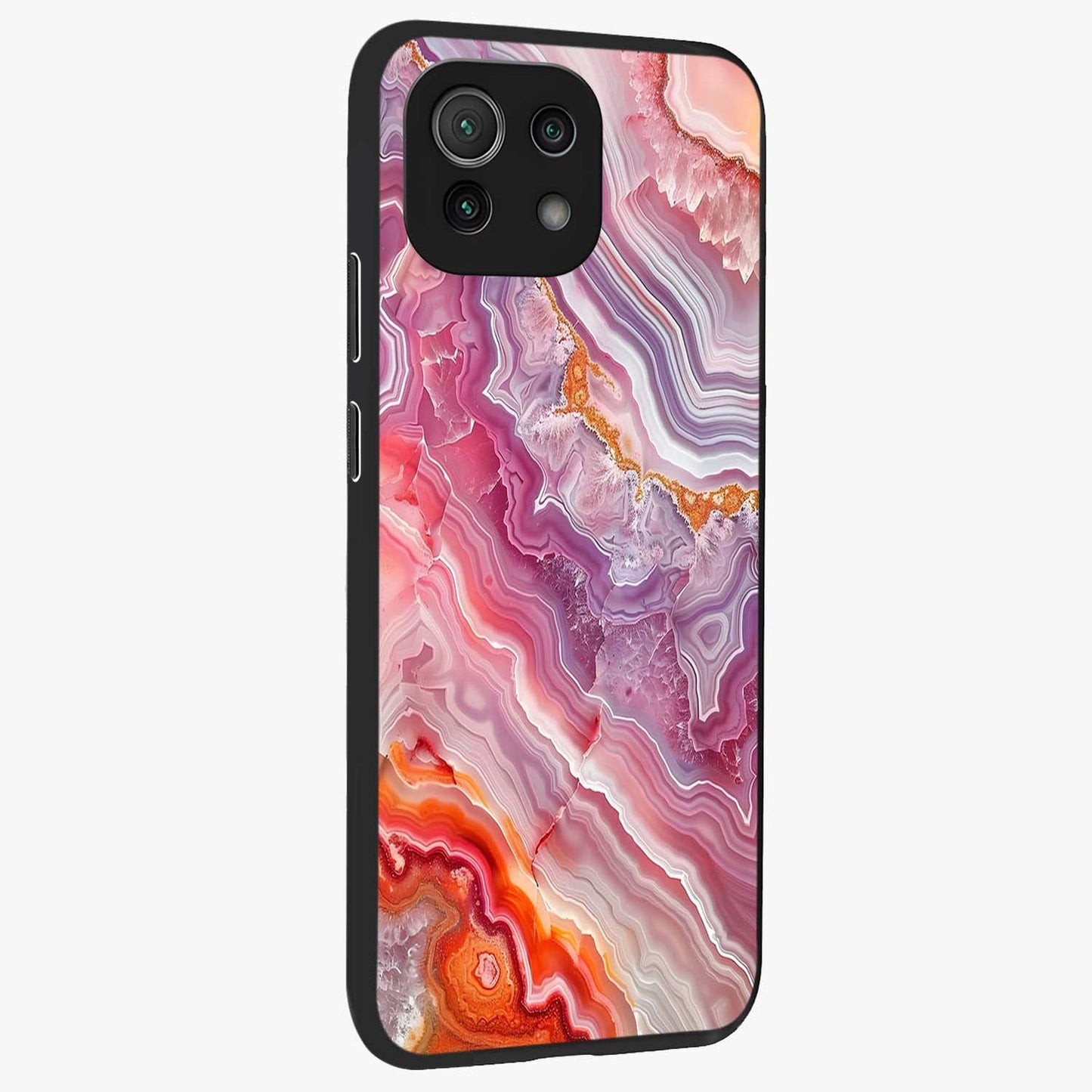 Rose Quartz Marble Glass Case upright view showcasing decorative marble artwork with luxurious pastel theme.