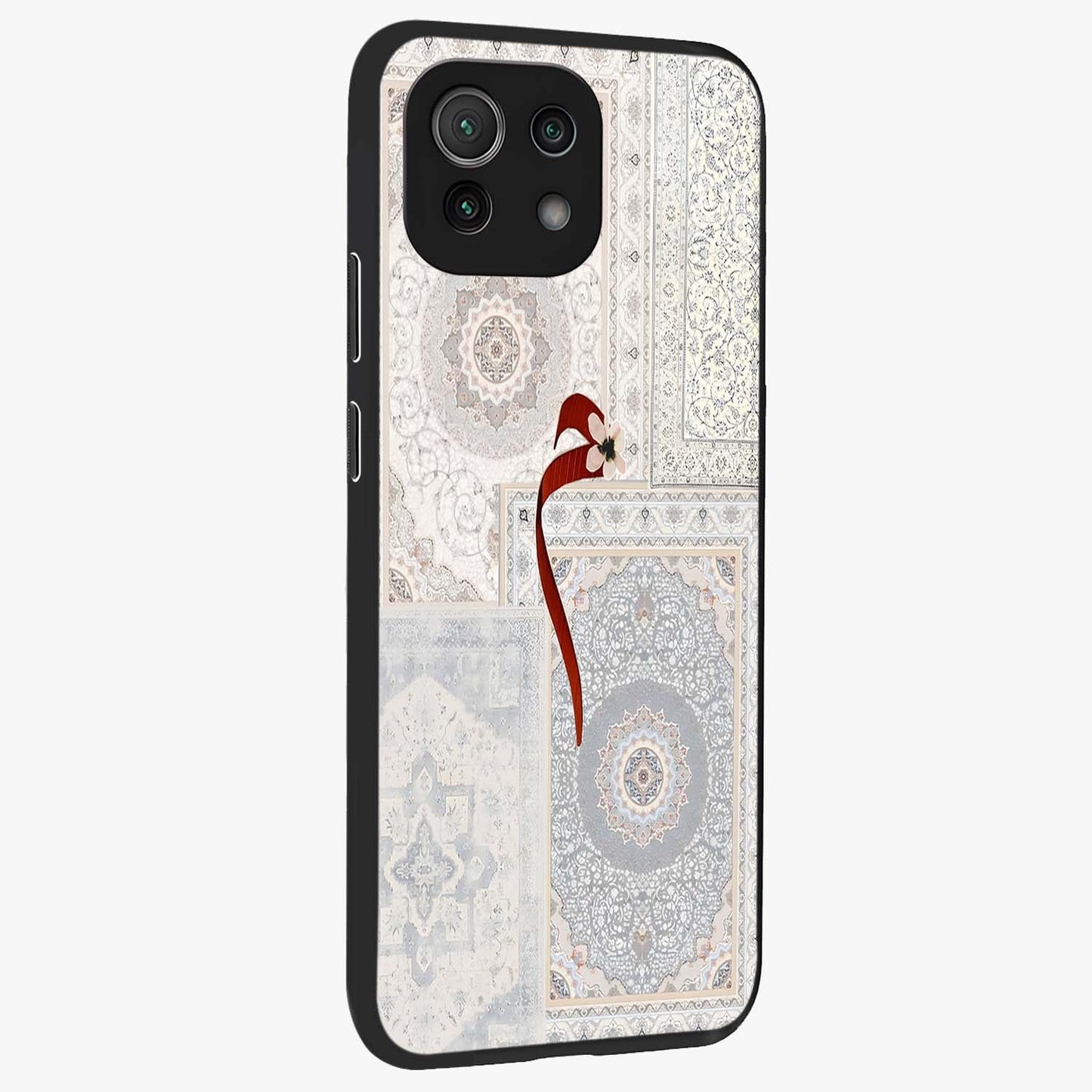 White Aesthetic Bow Glass Case upright view showcasing delicate ribbon bow artwork with cute minimalist theme.