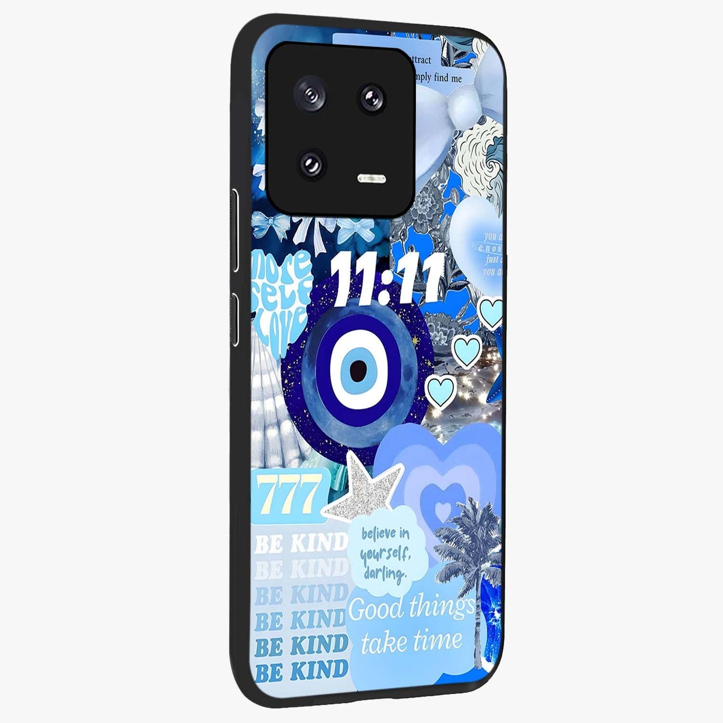 Aesthetic Be Kind Eye Glass Case upright view showcasing stylish eye illustration with positive message theme.