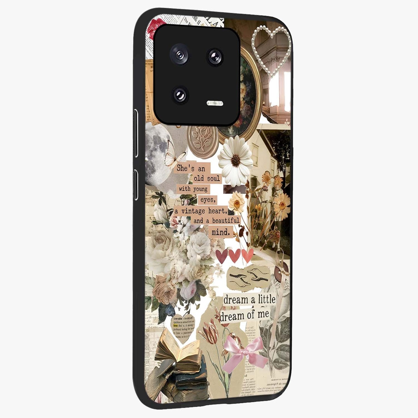 Aesthetic Brown Vintage Collage Glass Case upright view showcasing nostalgic retro artwork with stylish vintage theme.